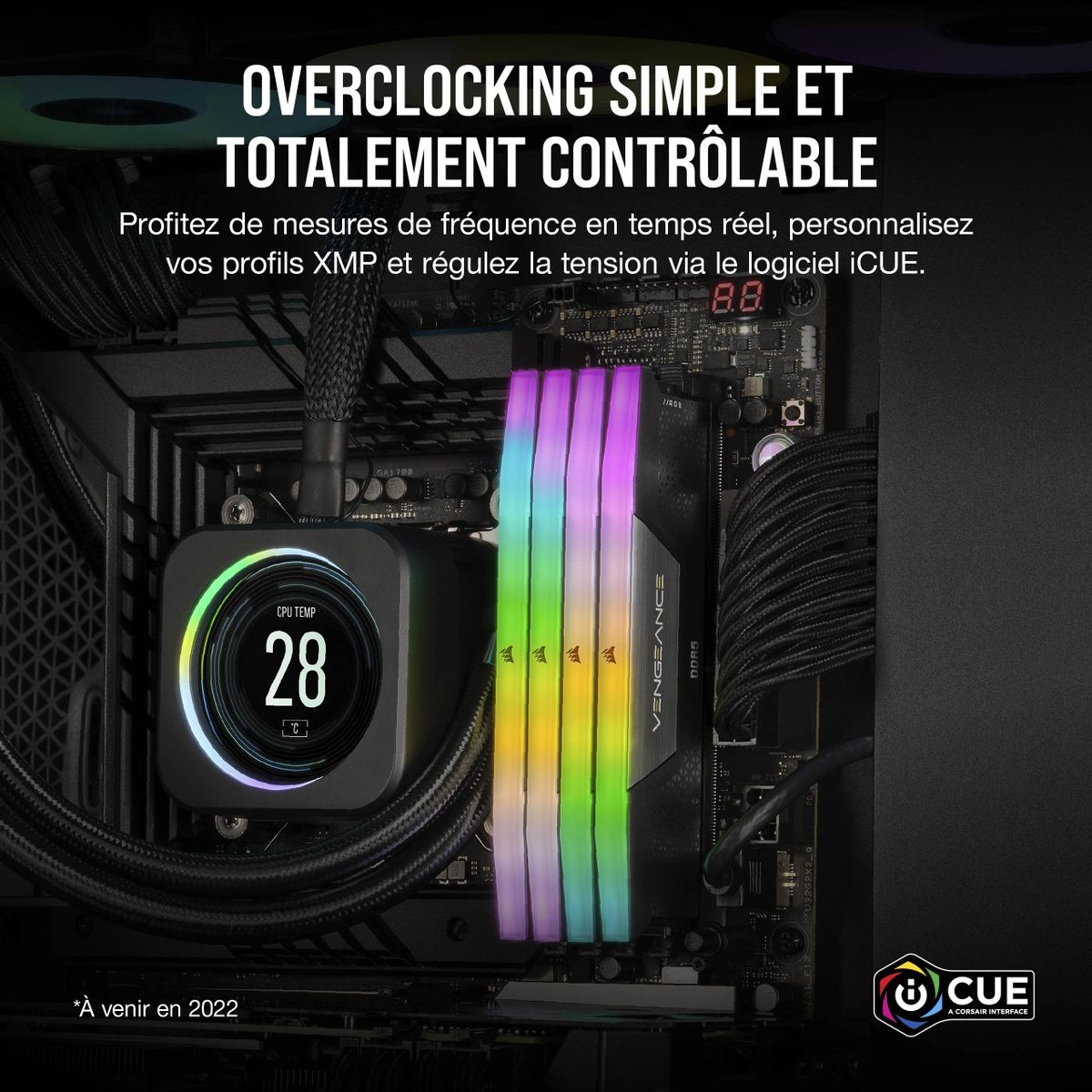 Płyta główna PC z chłodzeniem CPU i modułami RAM RGB. Temperatura CPU 28°C.