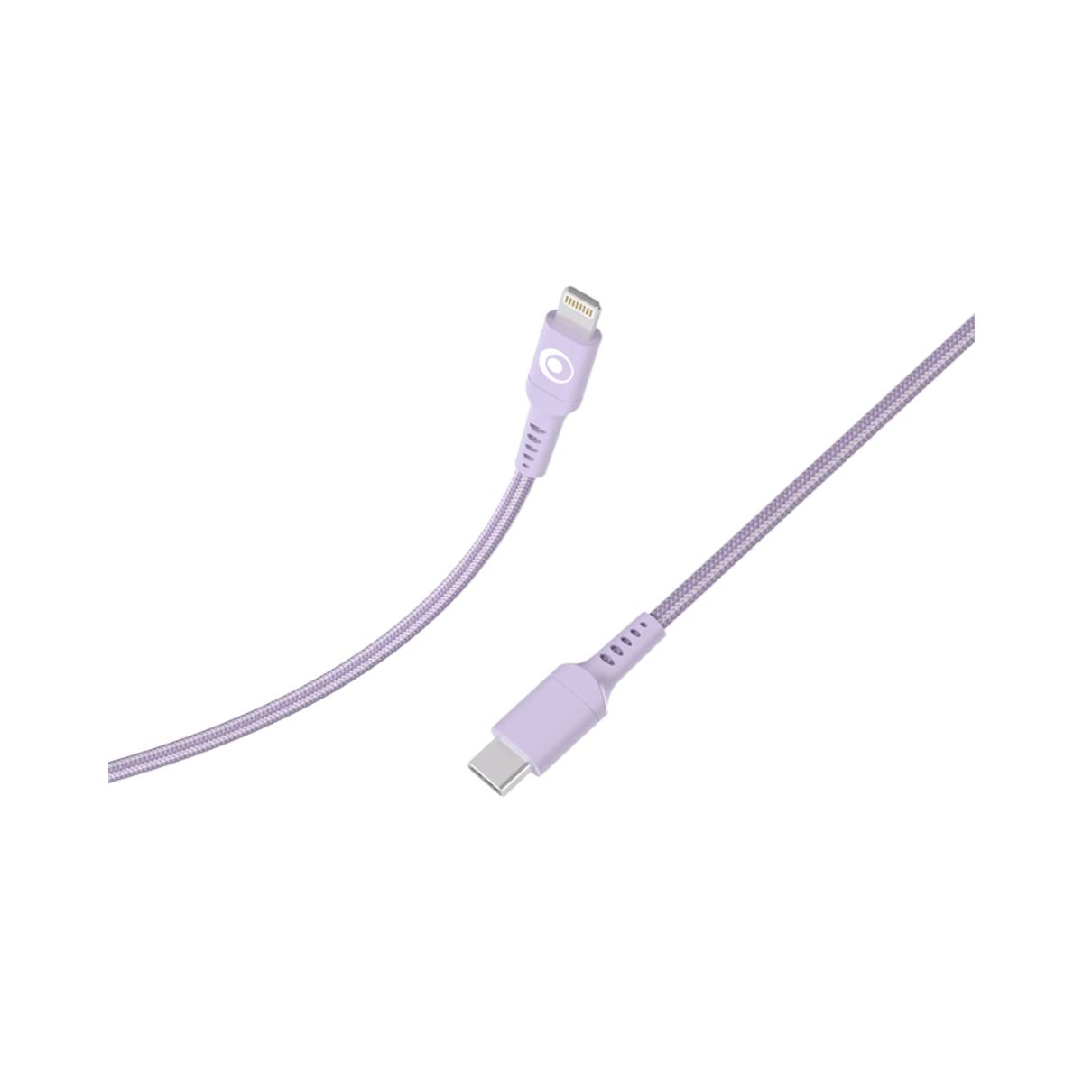 Un câble de chargement violet avec connecteurs Lightning et USB-C sur fond blanc.