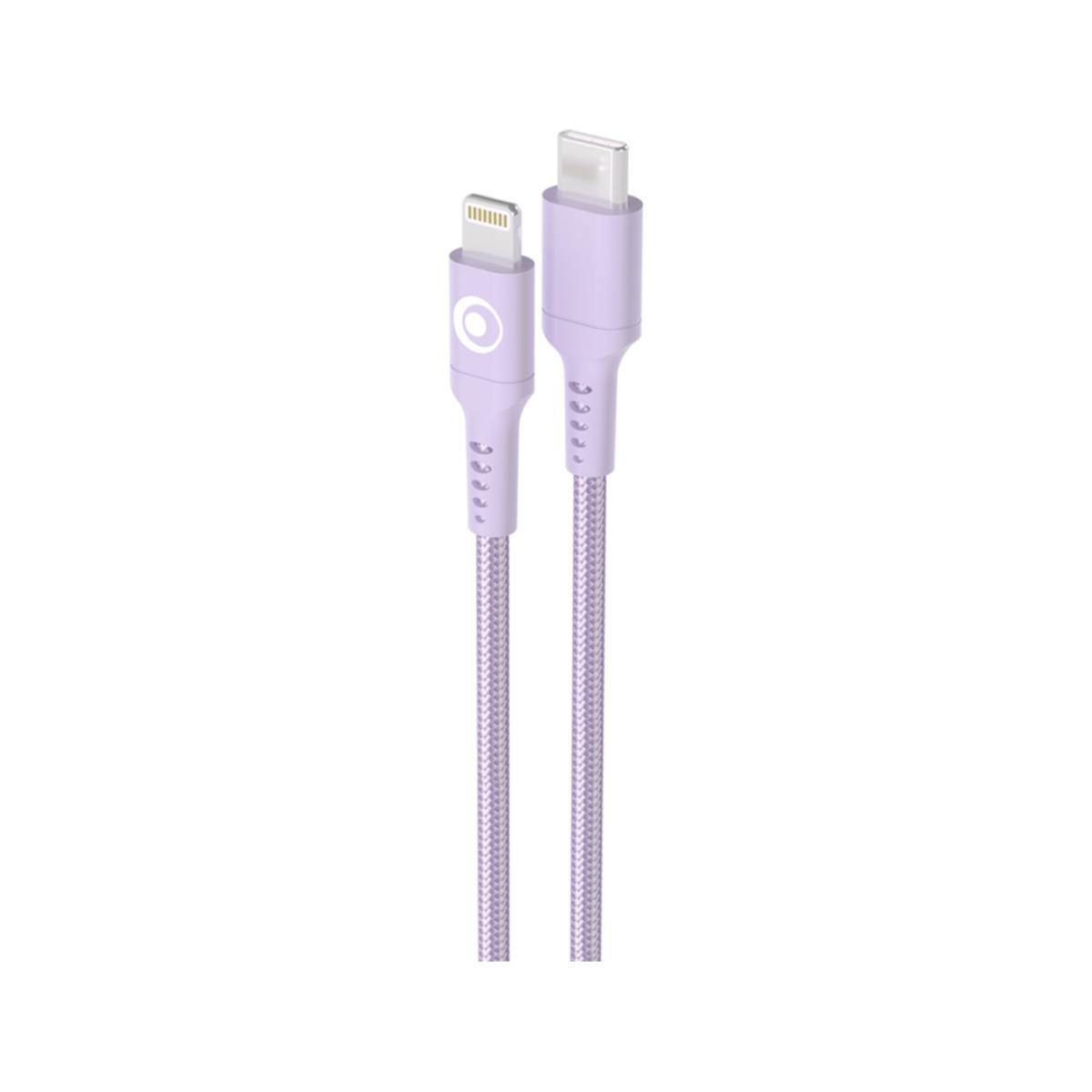 Un câble de chargement/données lavande avec connecteurs Lightning et USB-C.