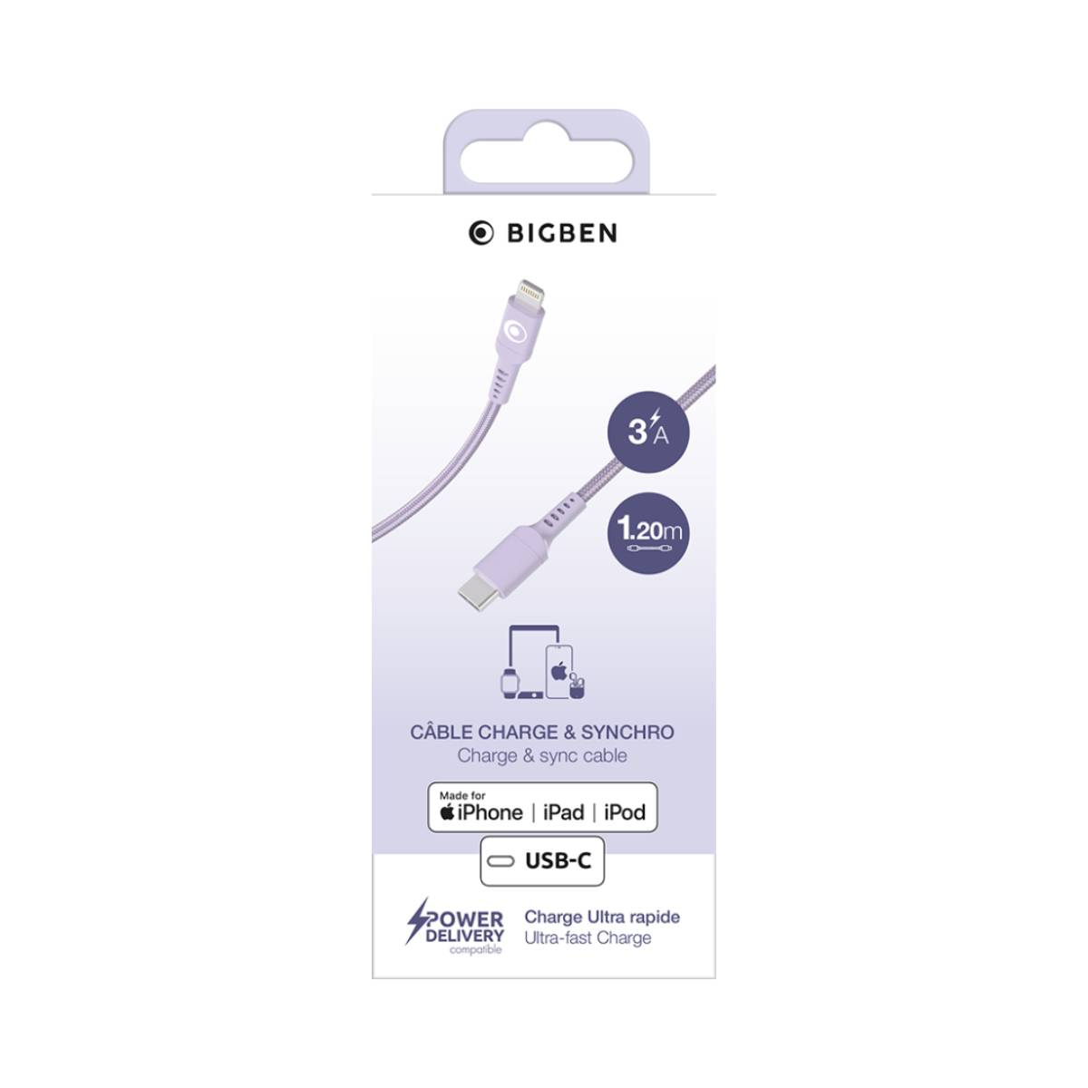 Câble Bigben USB-C vers Lightning, 1,20m, 3A, pour iPhone, iPad, iPod. Compatible Power Delivery.