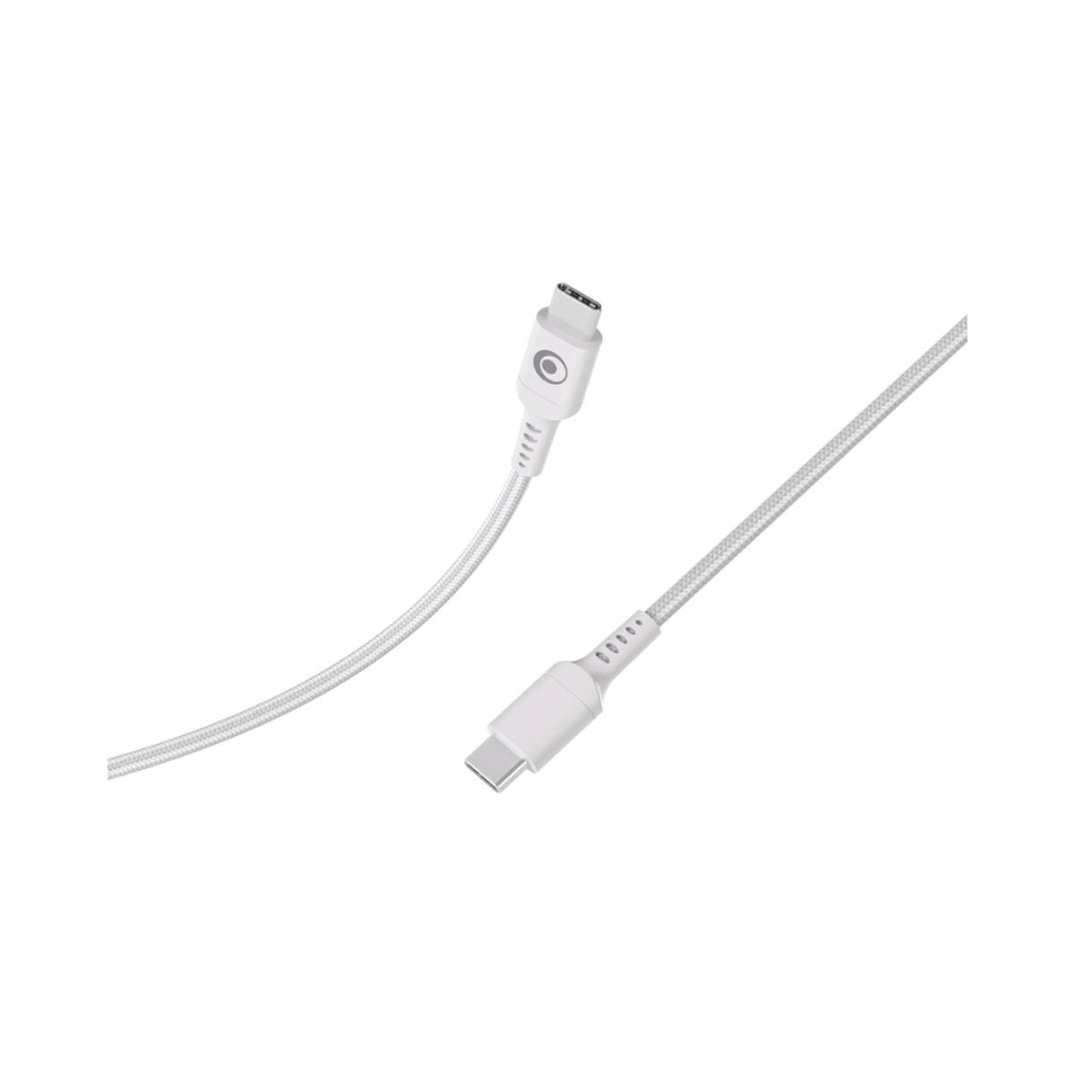 Un cable USB-C blanco con dos conectores. Un conector está a la izquierda, el otro a la derecha.