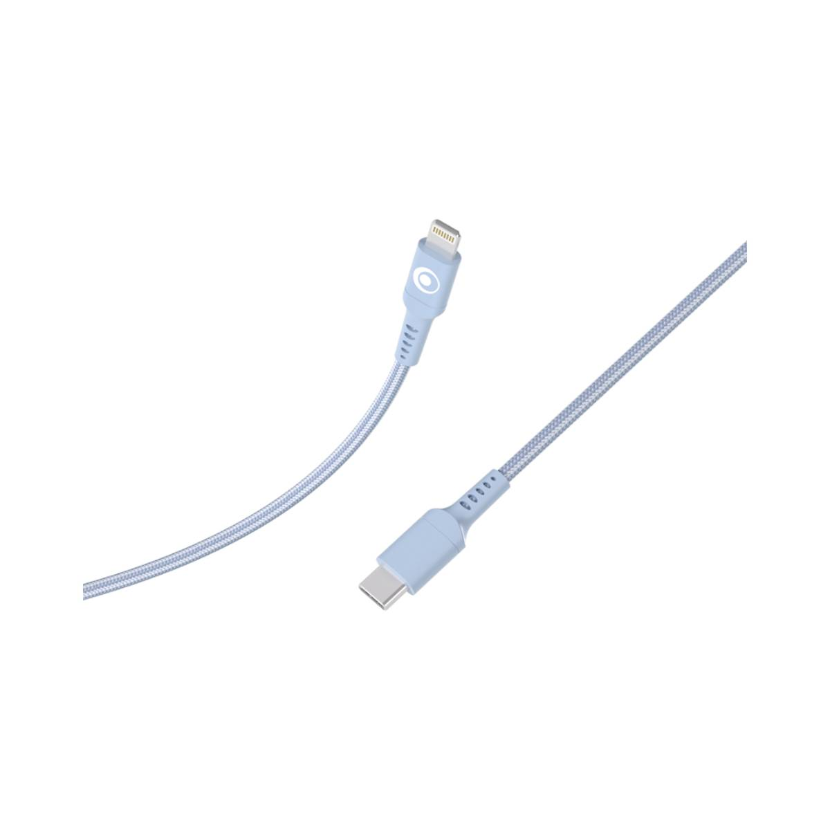 Un câble de chargement tressé bleu clair avec connecteurs USB-C et Lightning.