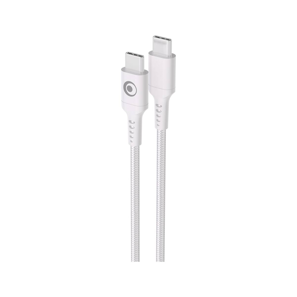 Dos cables USB-C blancos con cordones trenzados y conectores blancos.