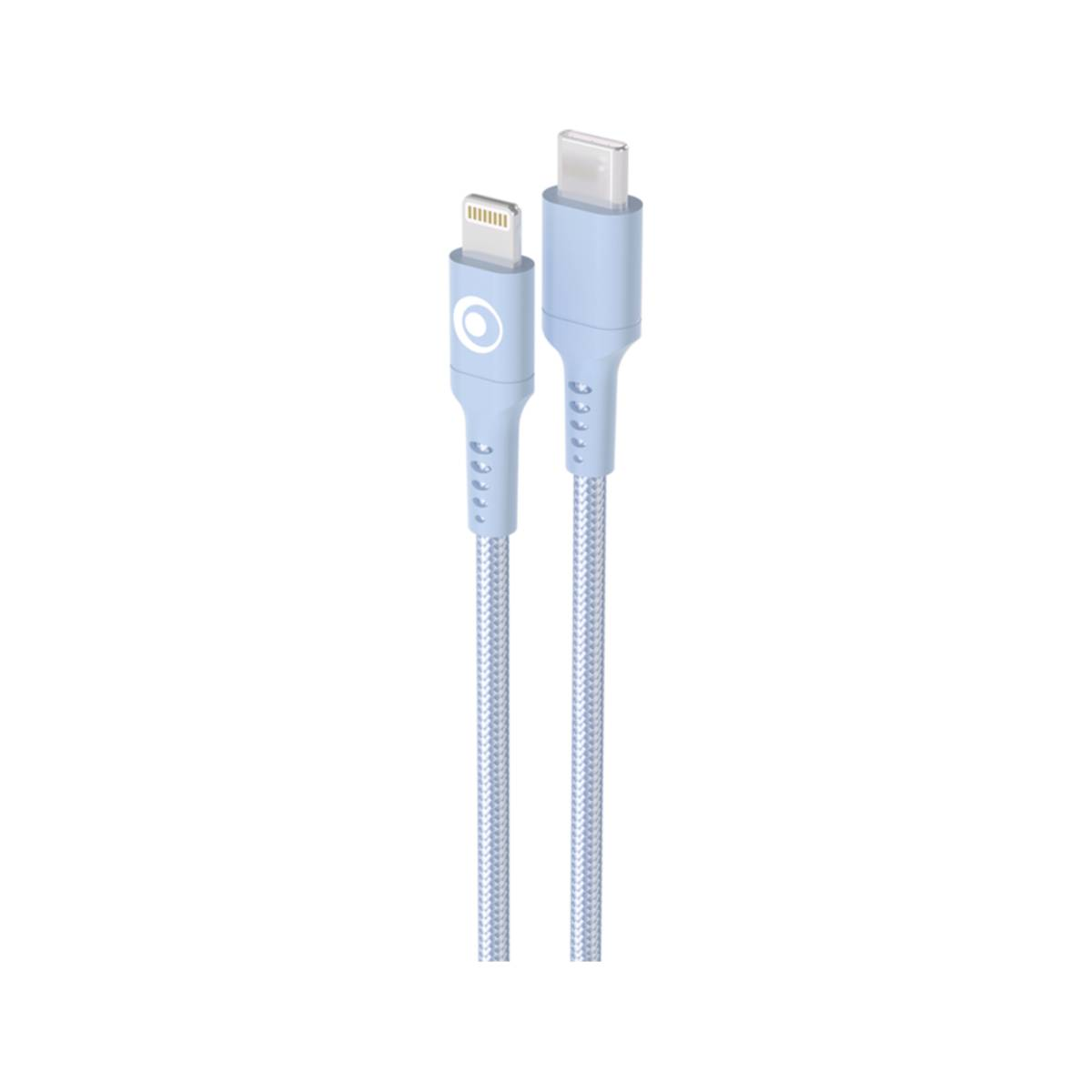 Deux câbles de chargement bleu clair, un lightning et un USB-C, avec cordons argentés tressés.
