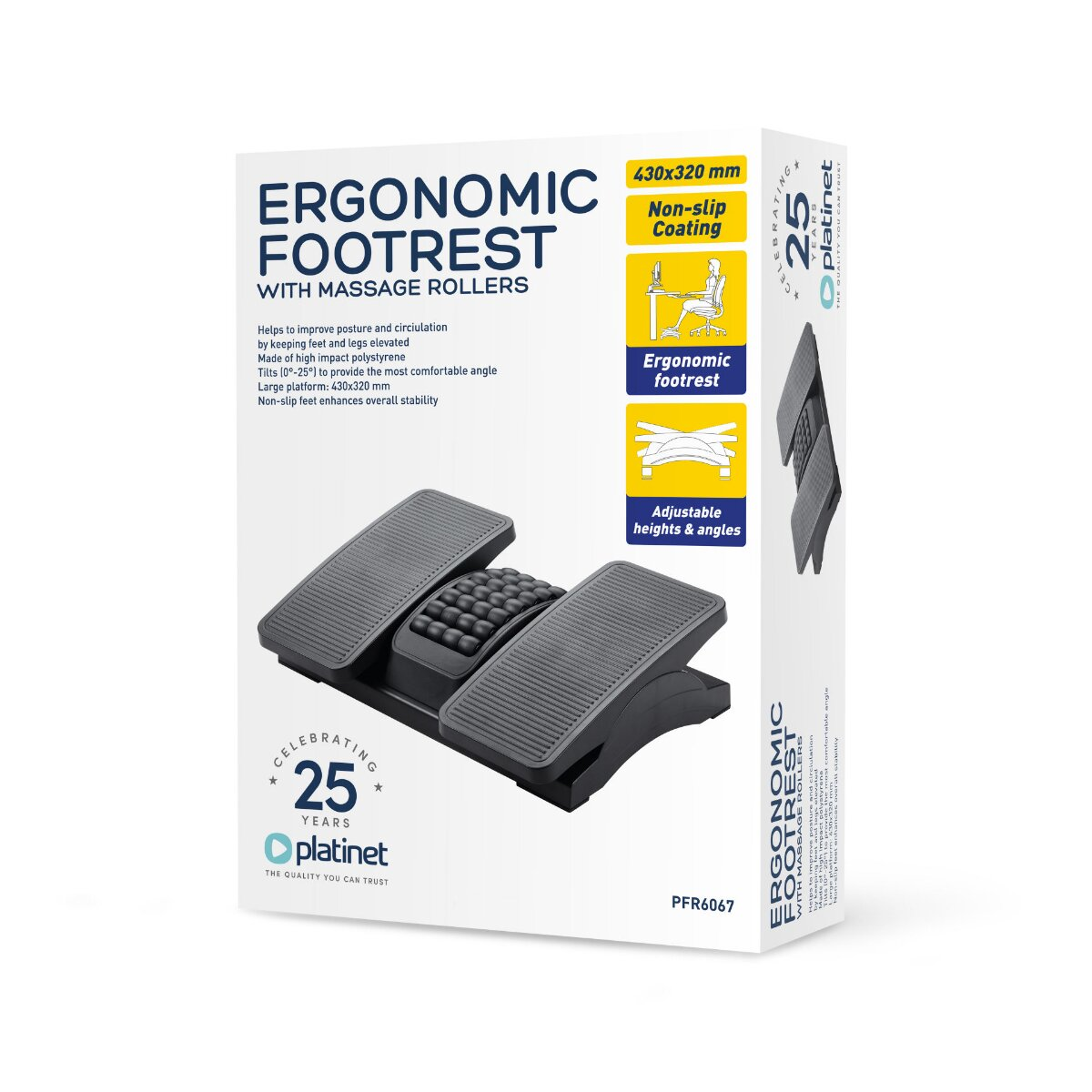 Un poggiapiedi ergonomico con rulli massaggianti, altezza e angoli regolabili.