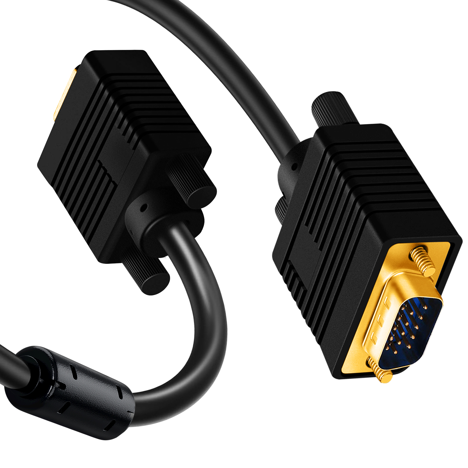 Ein schwarzes VGA-Kabel mit goldenen Anschlüssen und Rändelschrauben.