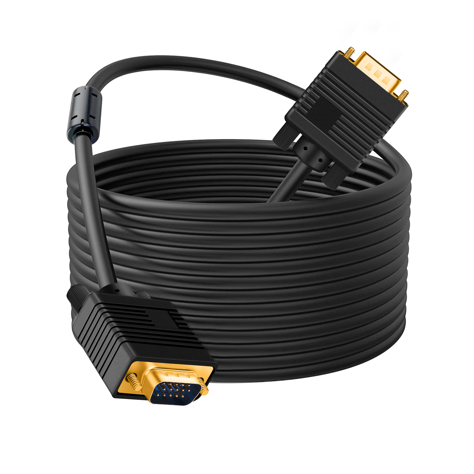Schwarzes VGA-Kabel mit goldenen Anschlüssen, aufgerollt.