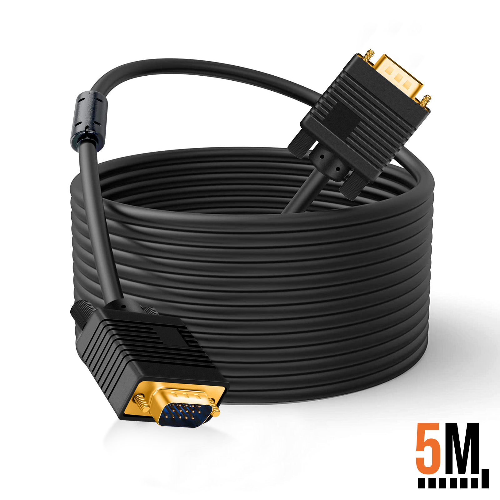 Ein aufgerolltes schwarzes VGA-Kabel mit vergoldeten Steckern und einer Längenanzeige von 5M.