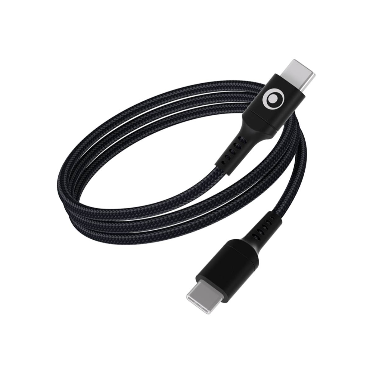 Un cavo di ricarica USB-C nero con texture intrecciata e connettori argentati.