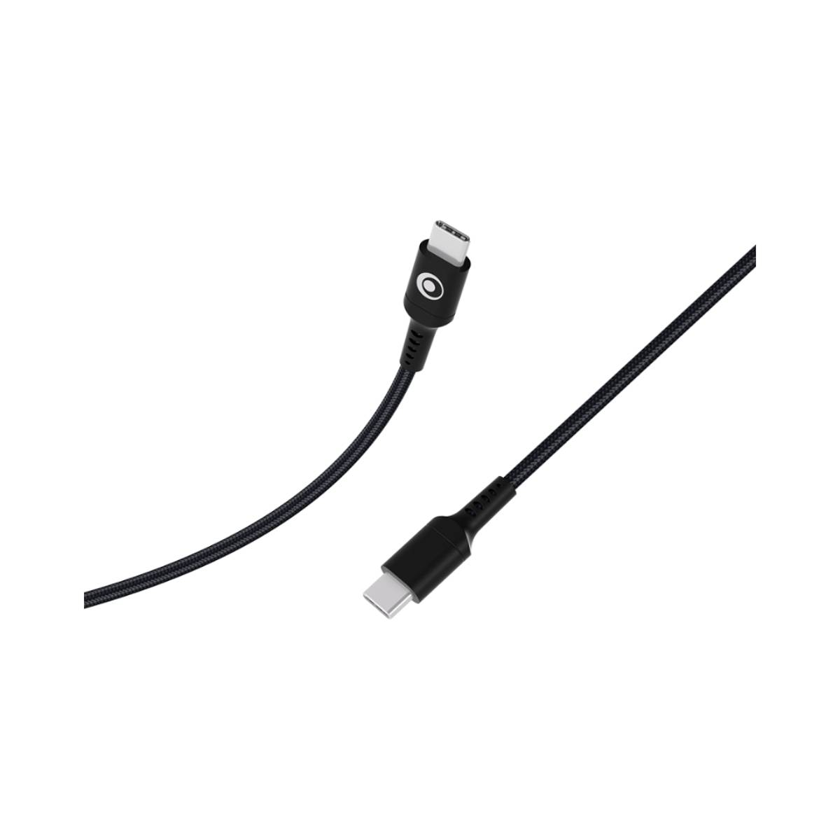 Cavo USB-C nero con due connettori, uno a ciascuna estremità.