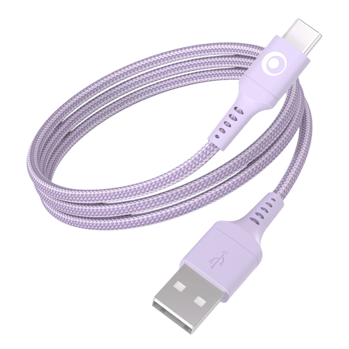 Un cavo USB-C a USB-A lavanda arrotolato con texture intrecciata su sfondo bianco.