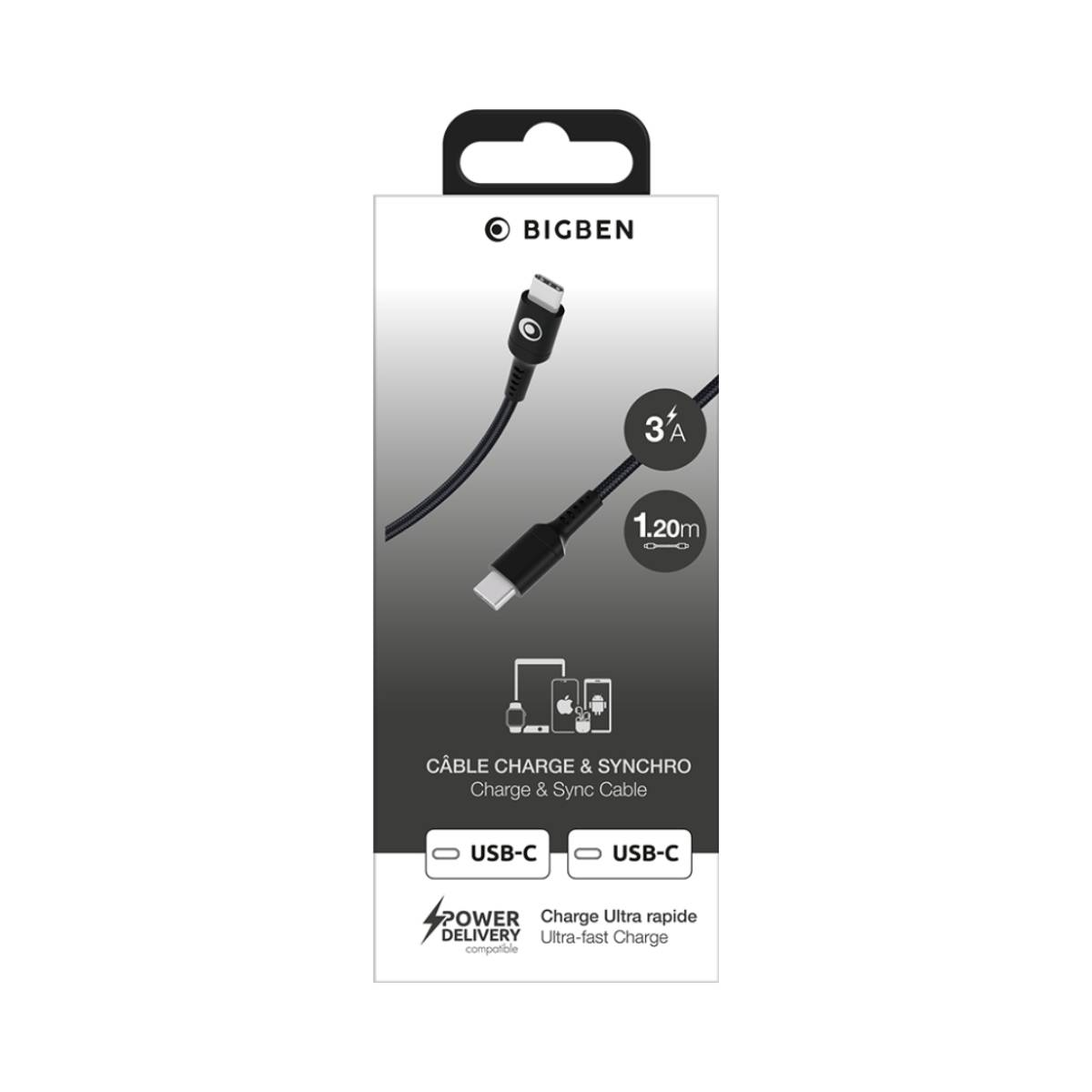 Cavo di ricarica BIGBEN: 3A, 1,20m, da USB-C a USB-C, Power Delivery.