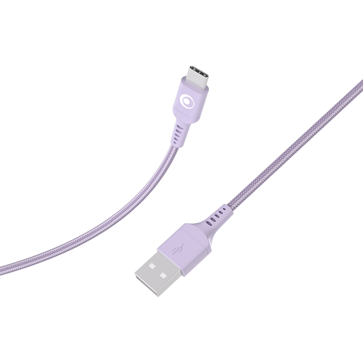 Un cavo USB-C lavanda con connettore USB-A su sfondo bianco.