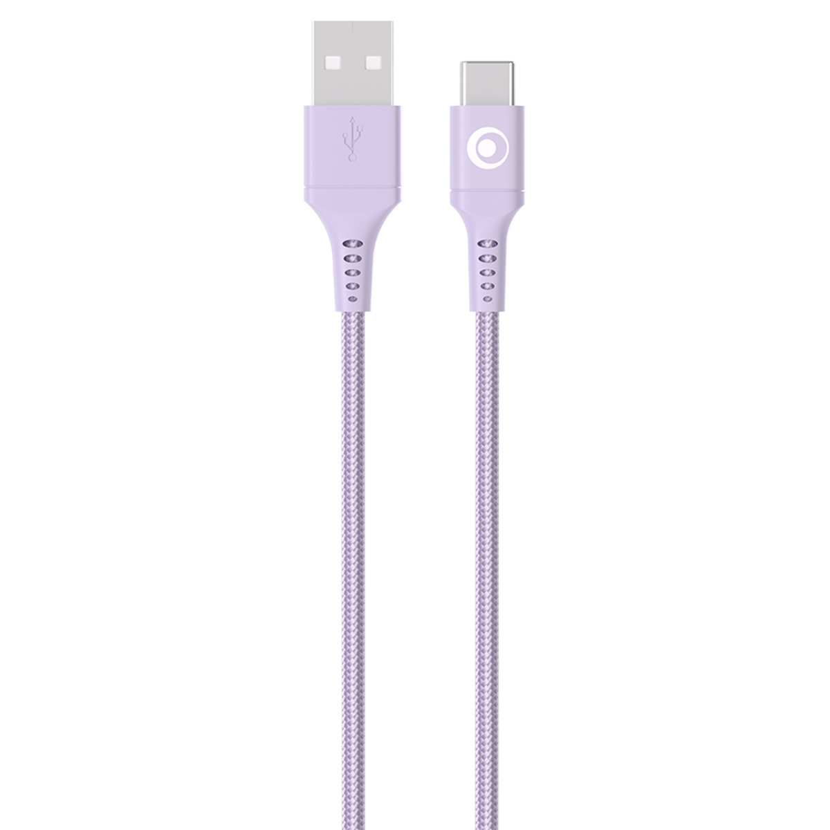 Un cavo da USB-A a USB-C viola chiaro con cordino intrecciato.