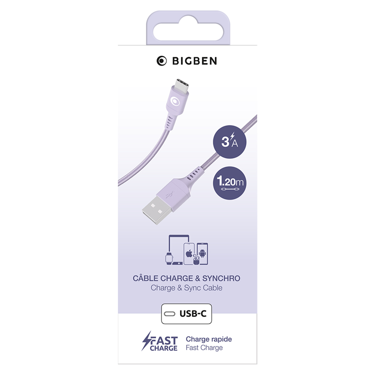 Cavo USB-C BIGBEN, lungo 1,20m, ricarica rapida 3A, per telefoni e tablet.