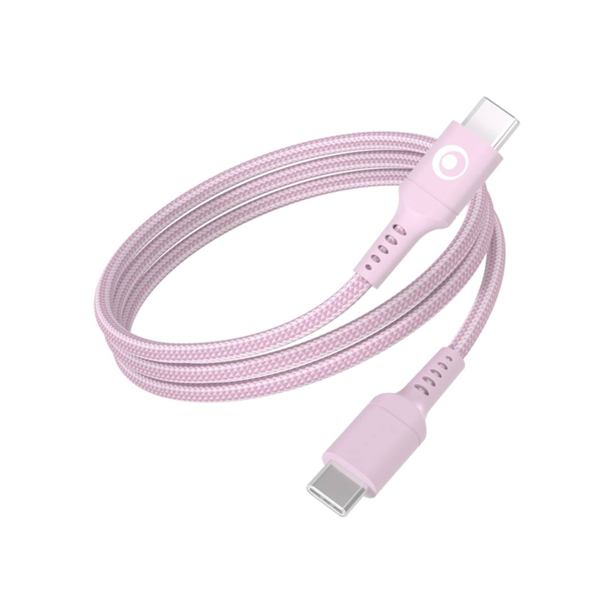 Un cavo USB-C rosa avvolto con accenti bianchi e connettori argentati.