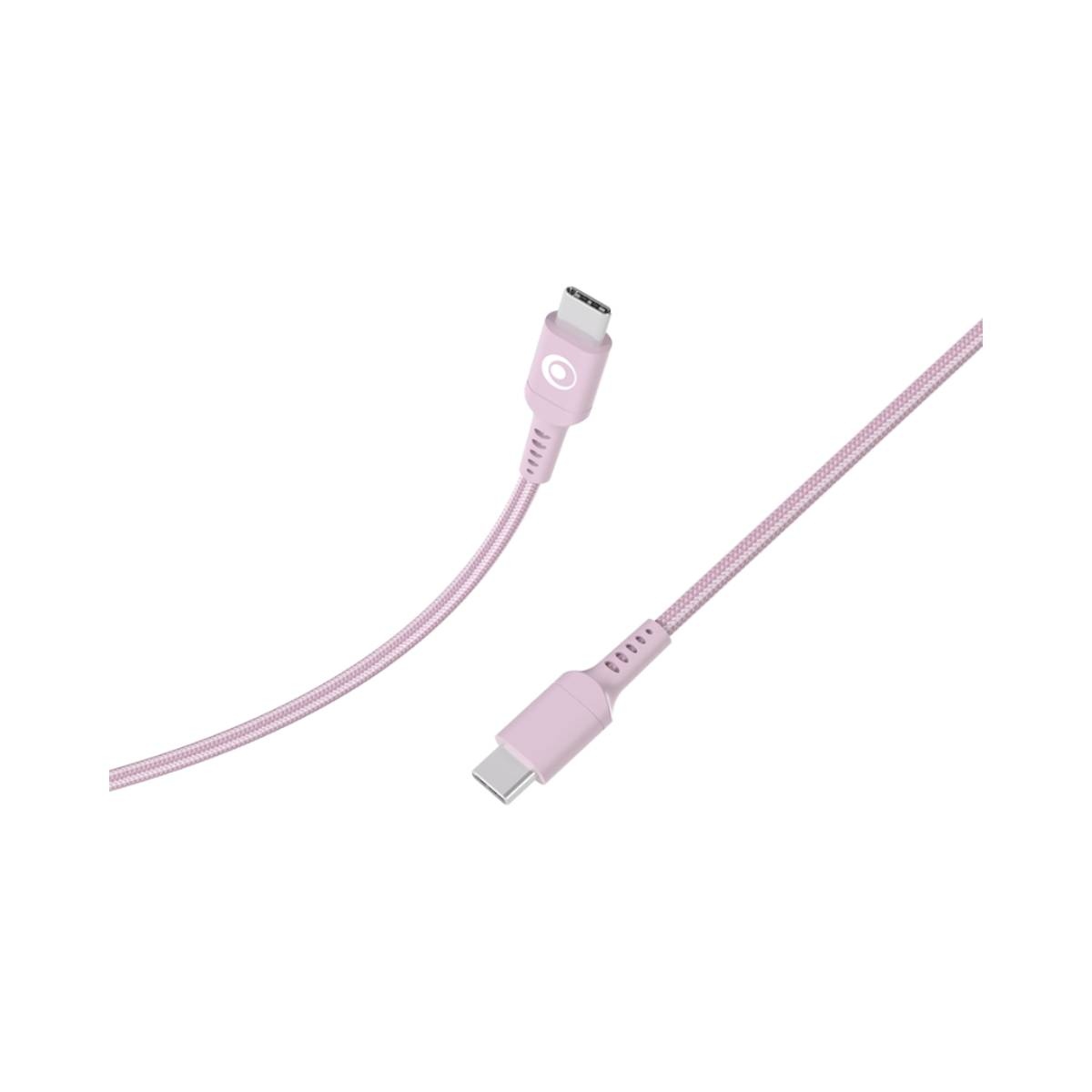 Un cavo USB-C rosa con due connettori su sfondo bianco.
