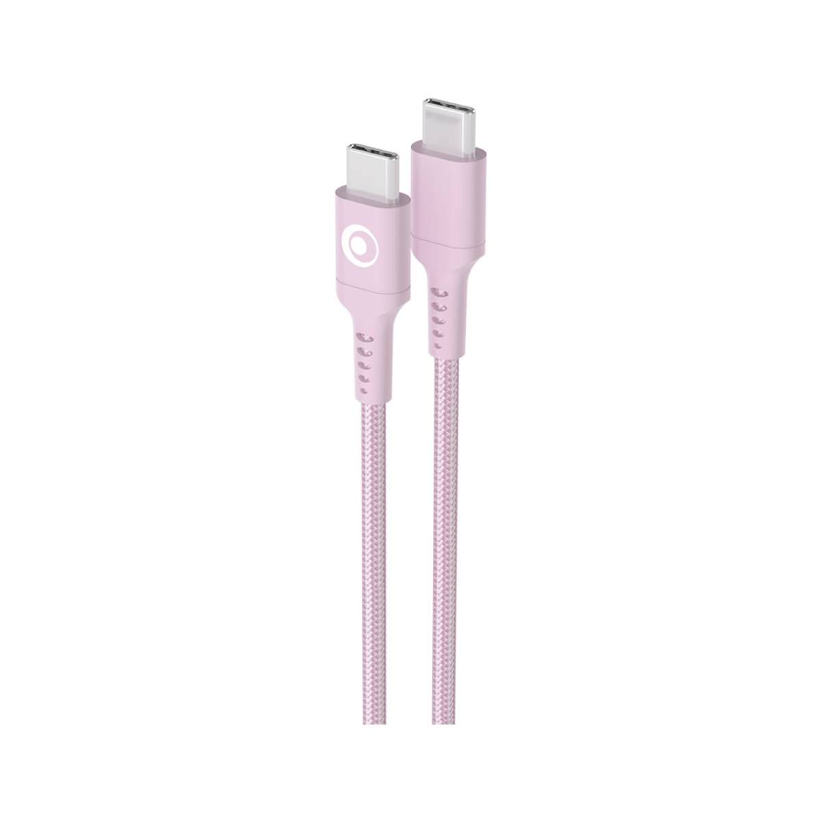 Vengono mostrati due cavi USB-C rosa con cavi intrecciati e connettori metallici.