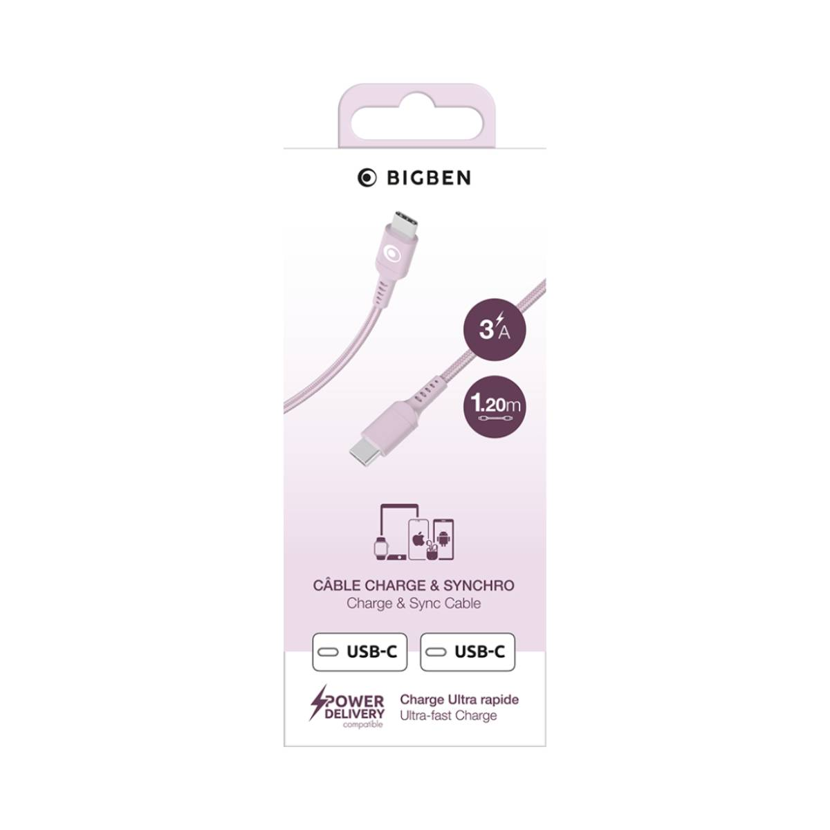Cavo BIGBEN: 3A, 1,20m, USB-C a USB-C, compatibile Power Delivery.