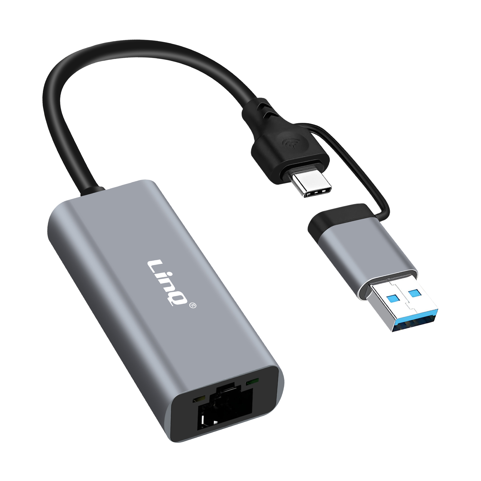 Un adattatore Linq argentato con connettori USB-C e USB-A e una porta Ethernet.