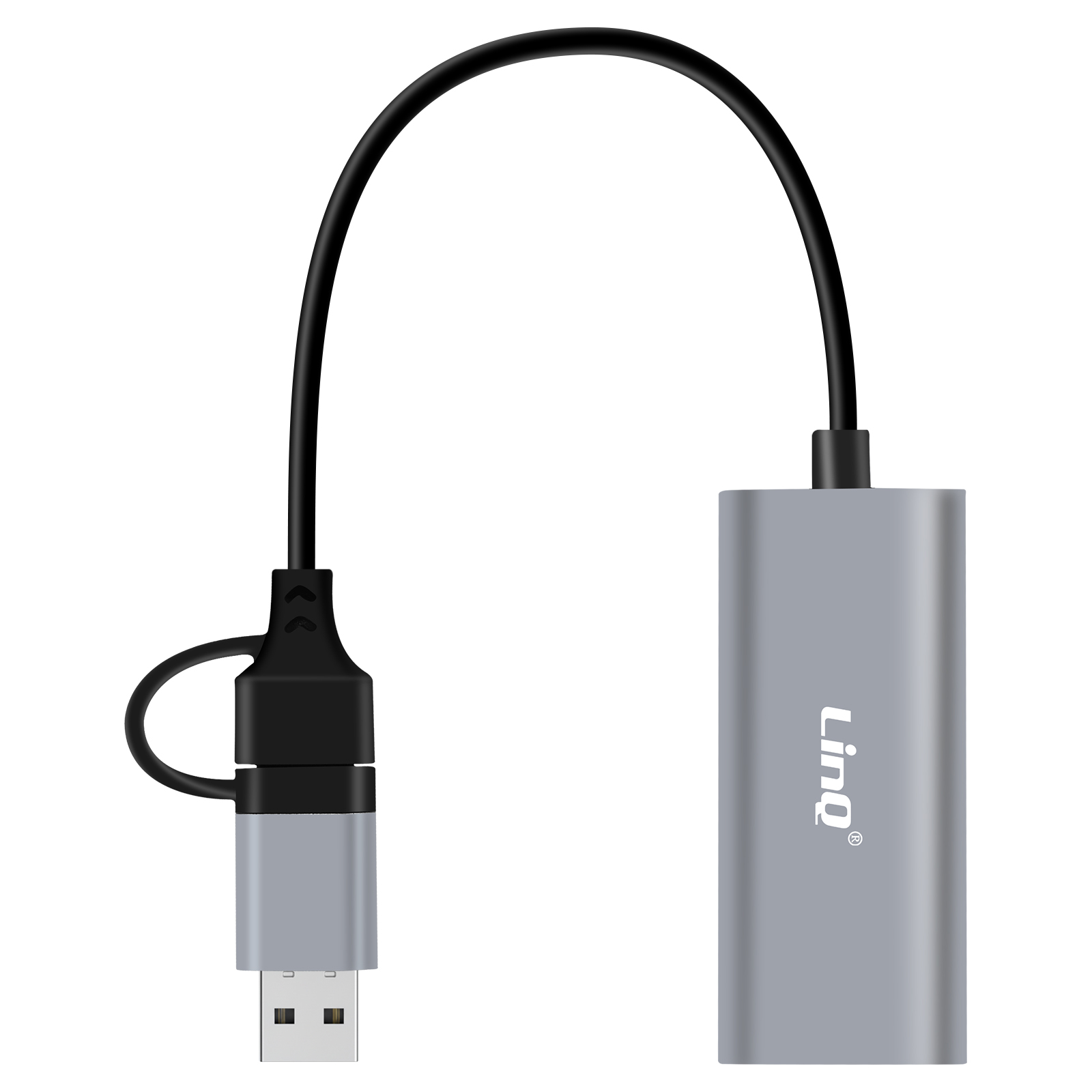 Un adattatore USB-C a Ethernet argento con cavo nero e connettore USB-A.