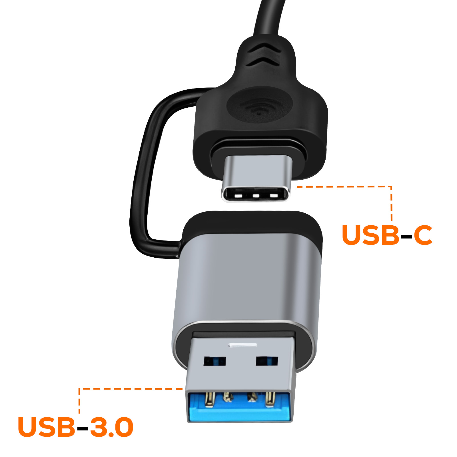 Un connettore USB-C è posizionato sopra un connettore USB-3.0.