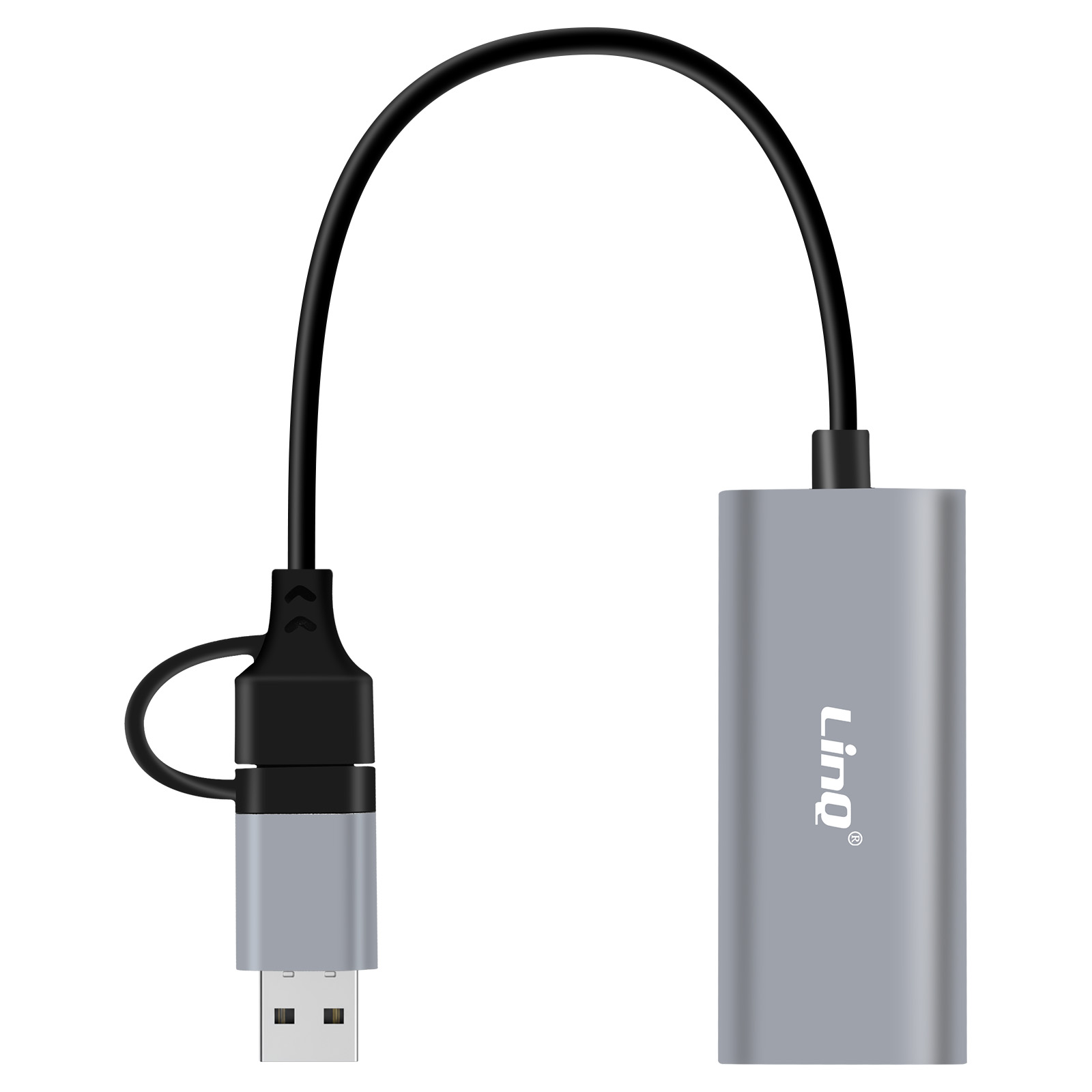 Un adattatore USB-C a Ethernet argentato con cavo nero e connettore USB-A.