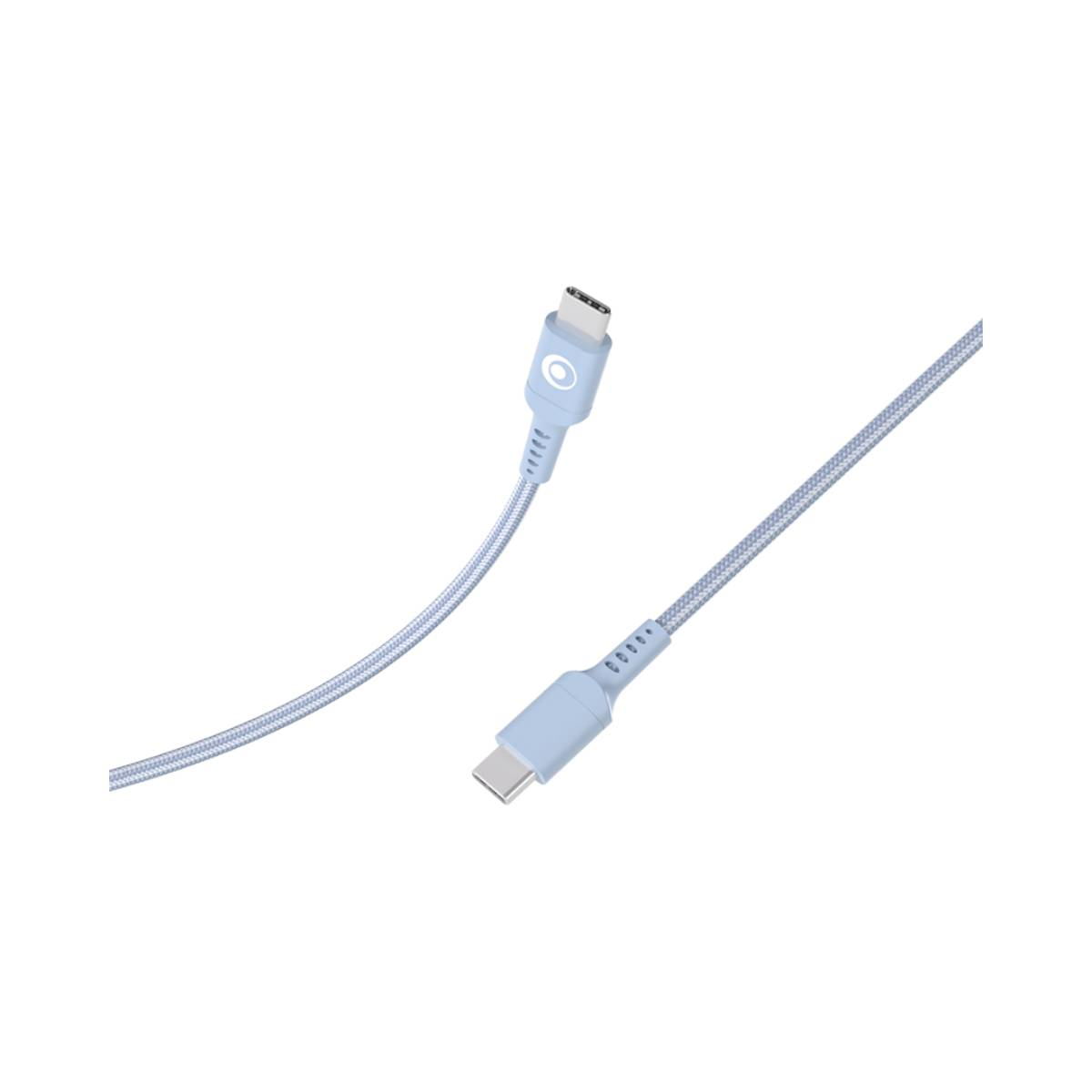 Viene mostrato un cavo USB-C azzurro con cordino intrecciato e connettori metallici.