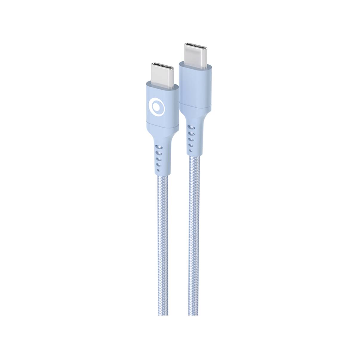 Due cavi USB-C azzurri con cordoni intrecciati e connettori argentati su sfondo bianco.