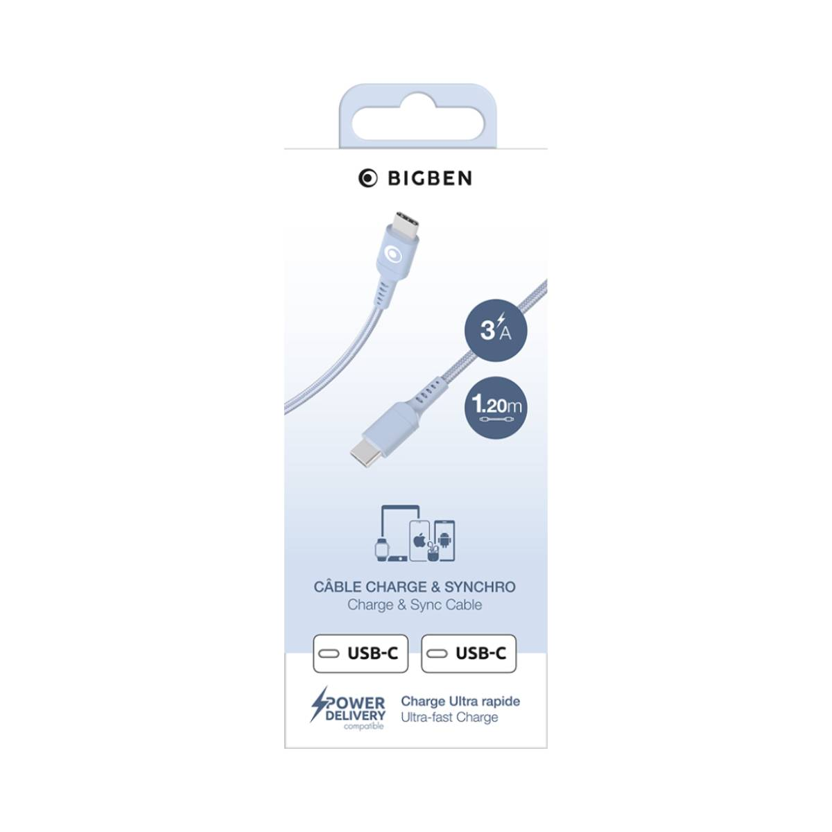 Confezione cavo di ricarica e sincronizzazione Bigben. Cavo bianco, connettori USB-C, 3A, 1,20m.