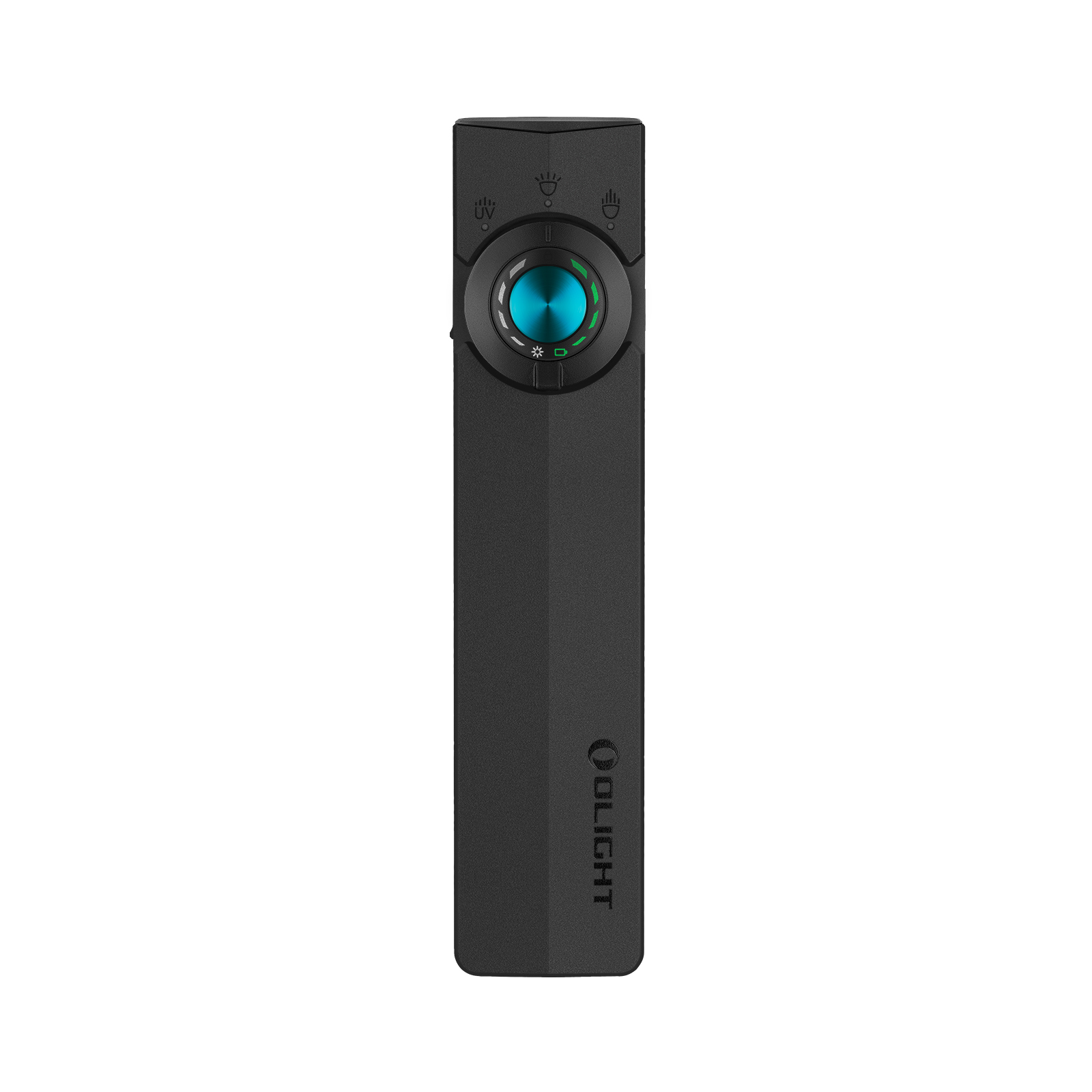 Torcia nera con quadrante blu e indicatori luminosi. Logo OLIGHT in basso.