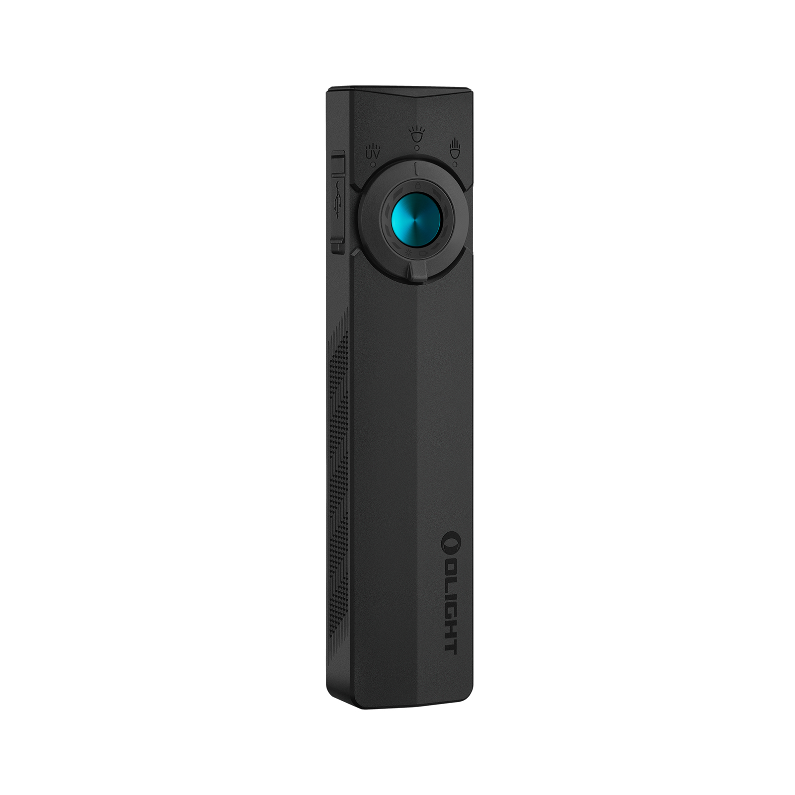 Torcia nera con pulsante blu e porta USB laterale. Logo Olight visibile.