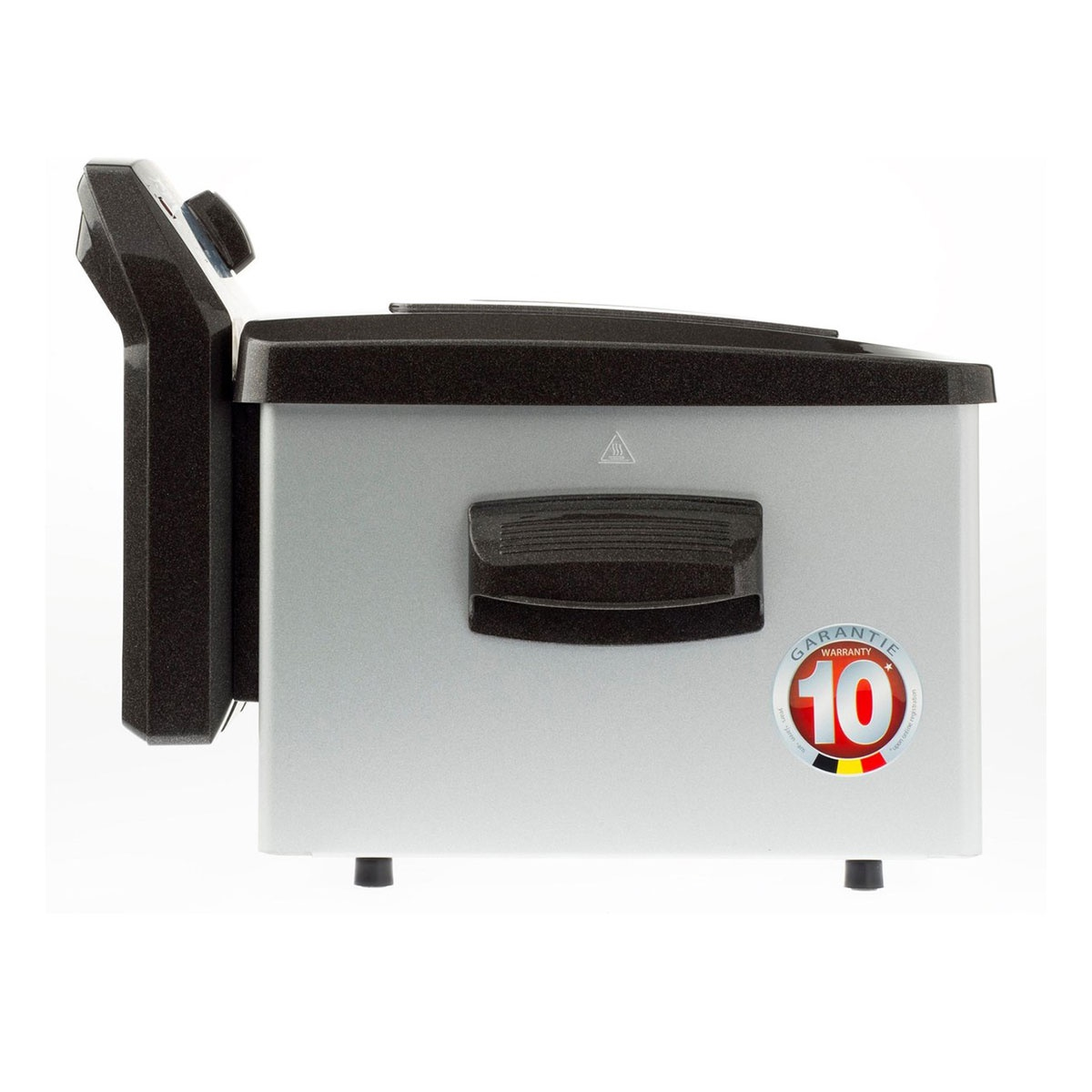 A silver deep fryer with a black lid and handle. Features a 10-year warranty sticker.