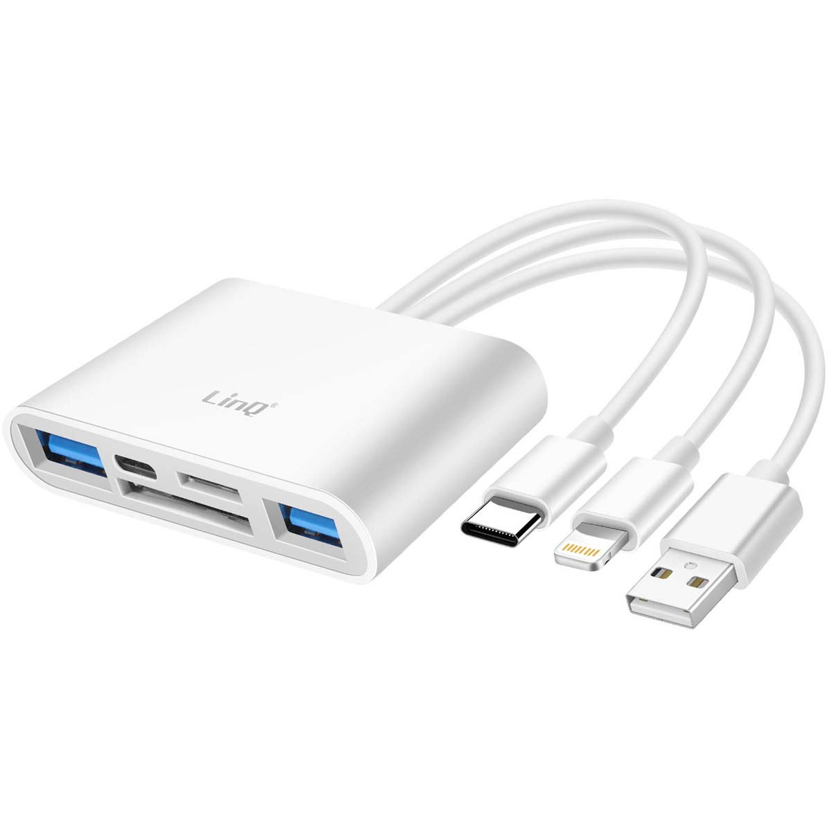 Hub USB-C bianco con slot per schede SD, porte USB e connettori multipli.
