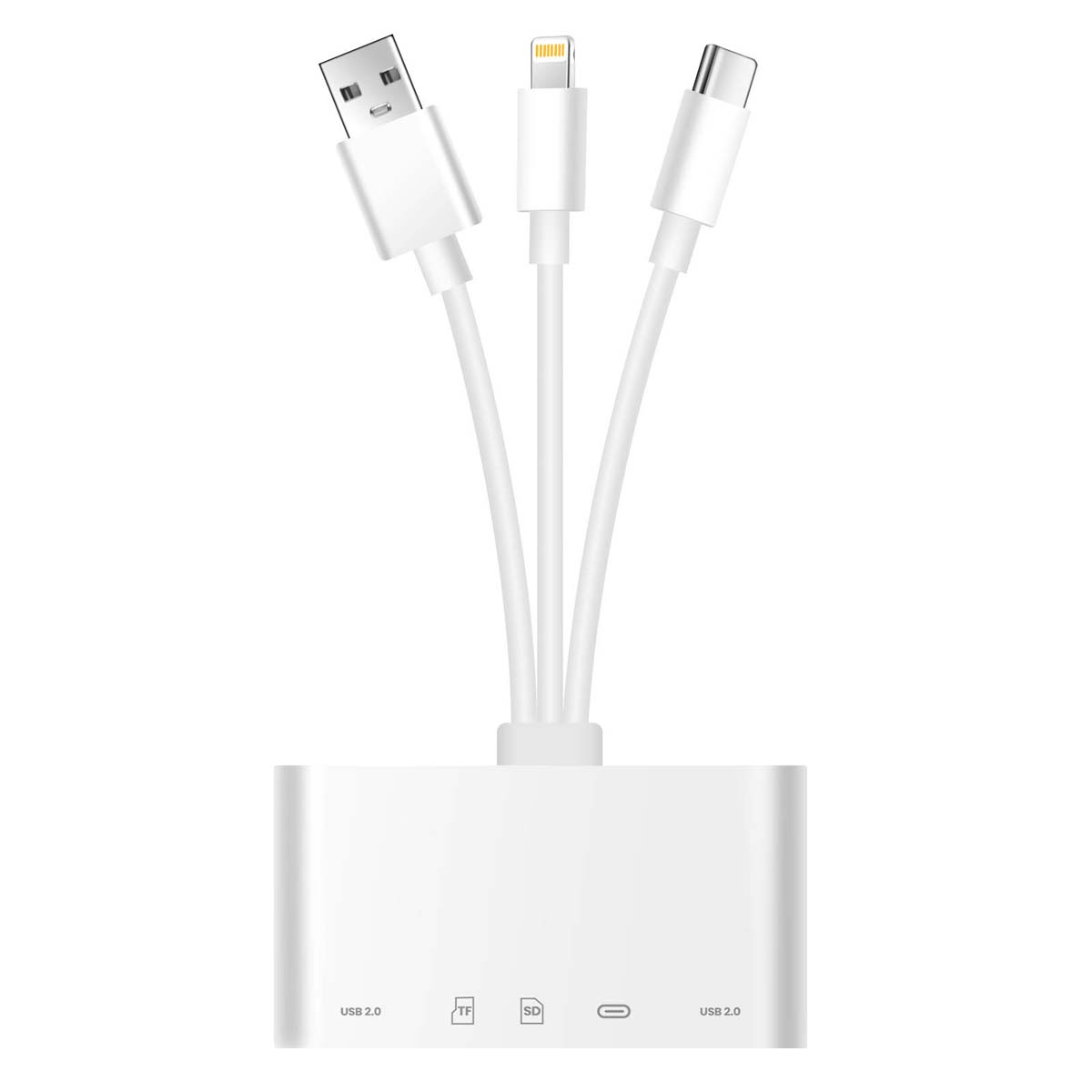 Hub USB bianco con cavi USB-A, Lightning e USB-C, e slot per schede SD e TF.