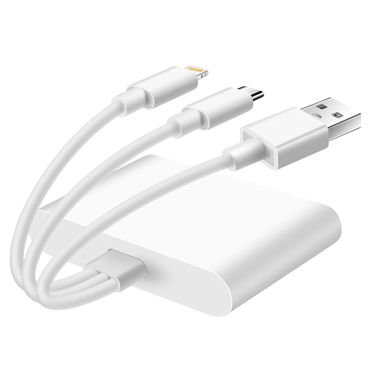 Caricatore USB bianco con tre cavi: Lightning, USB-C e Micro USB.