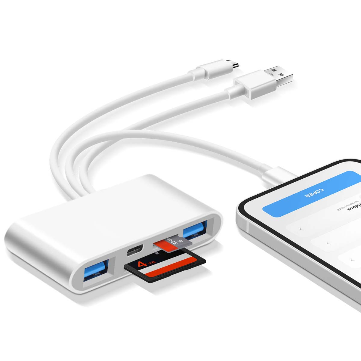 Hub USB bianco con scheda SD e telefono collegato via USB-C.