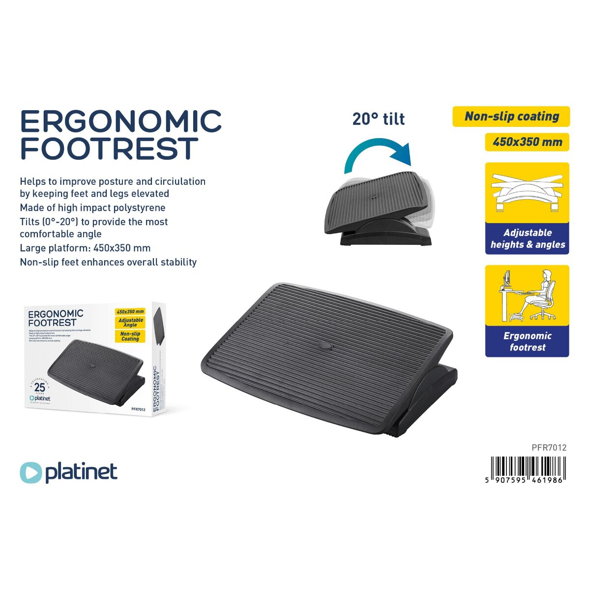 Poggiapiedi ergonomico nero con superficie ruvida, inclinazione regolabile e rivestimento antiscivolo.