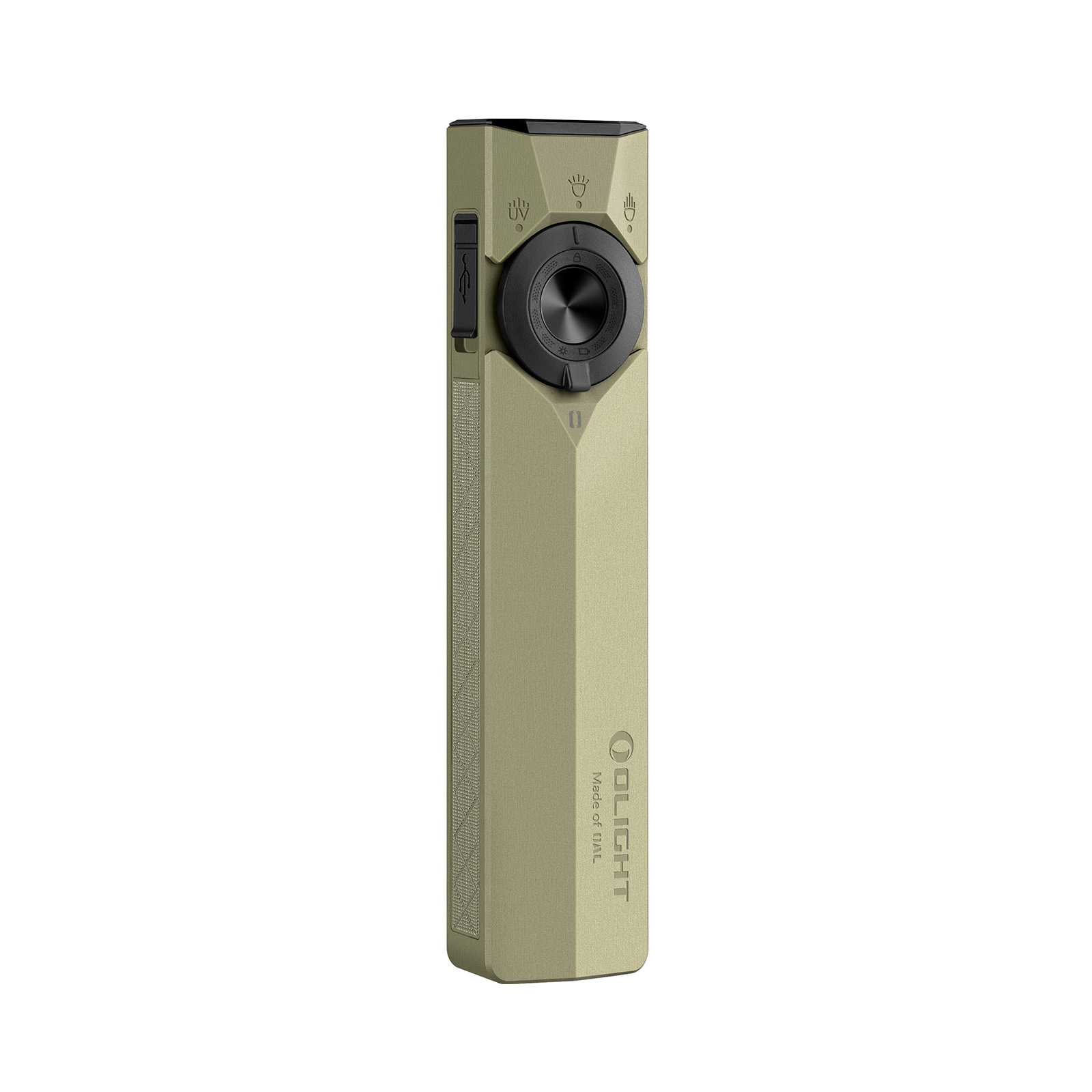 Un corps de lampe de poche vert mat et élégant avec bouton noir et port USB.