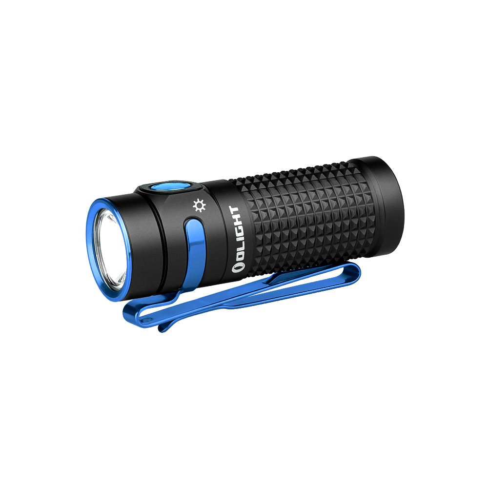 Schwarze Olight Taschenlampe mit blauen Akzenten und texturiertem Griff, mit Taschenclip.