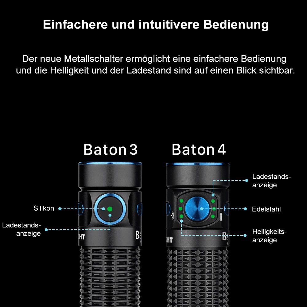 Zwei schwarze Taschenlampen, Baton 3 und Baton 4, nebeneinander mit Beschriftungen.