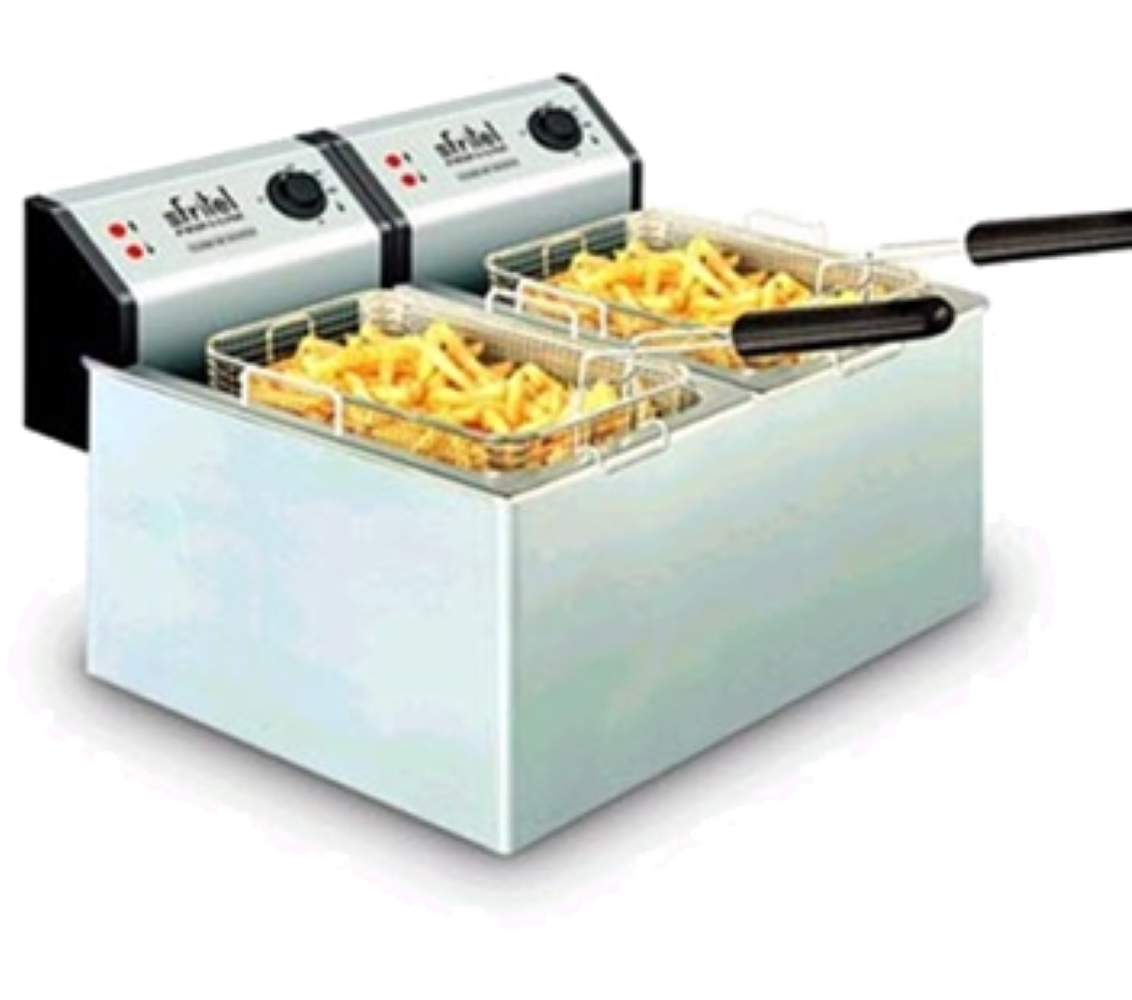 Una friggitrice a doppia cesta piena di patatine fritte dorate.