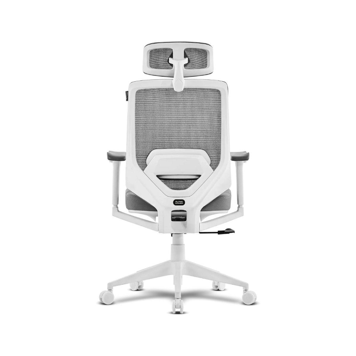 Vista posteriore di una sedia da ufficio ergonomica bianca con schienale in rete e poggiatesta.