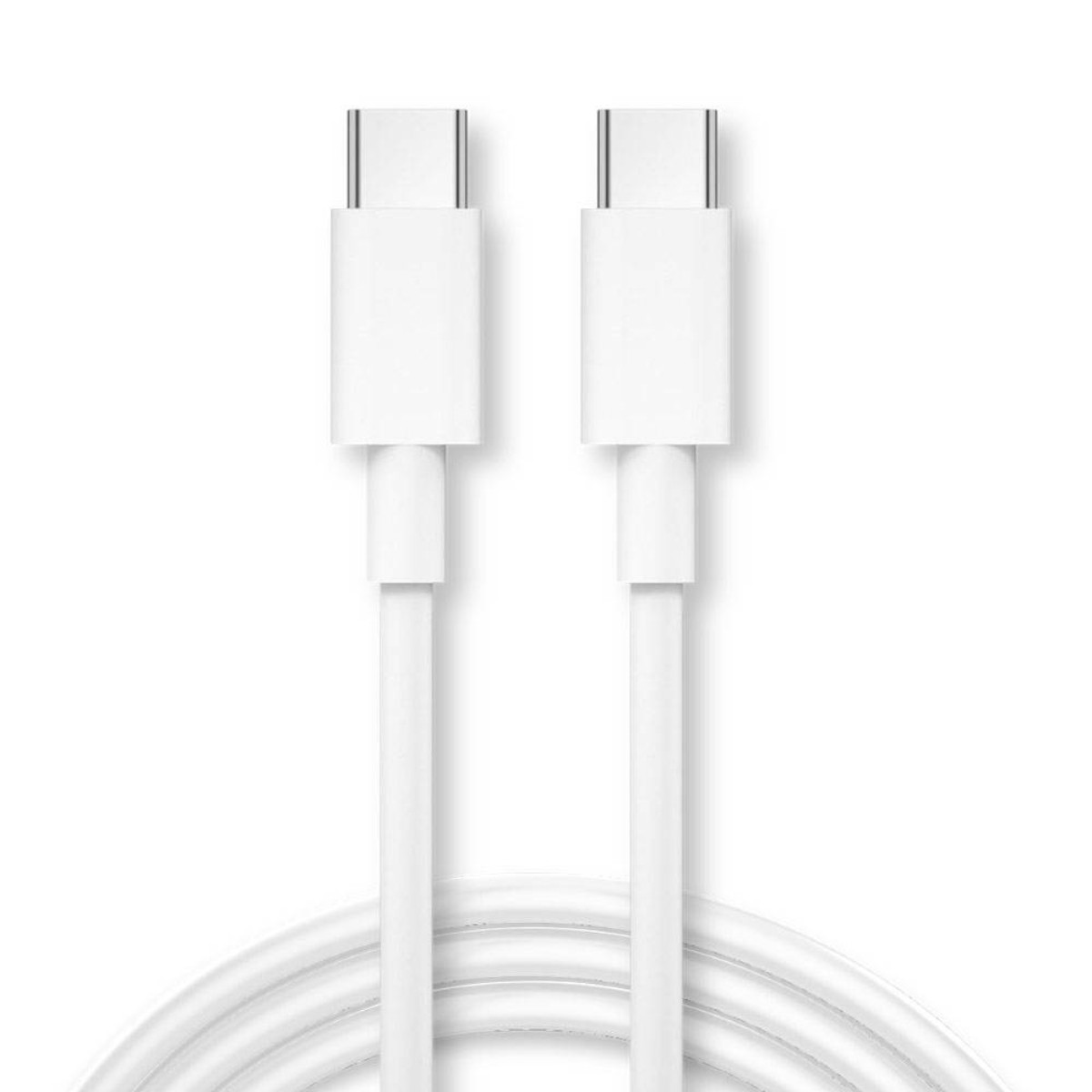 Due cavi USB-C bianchi con connettori argentati su sfondo bianco.