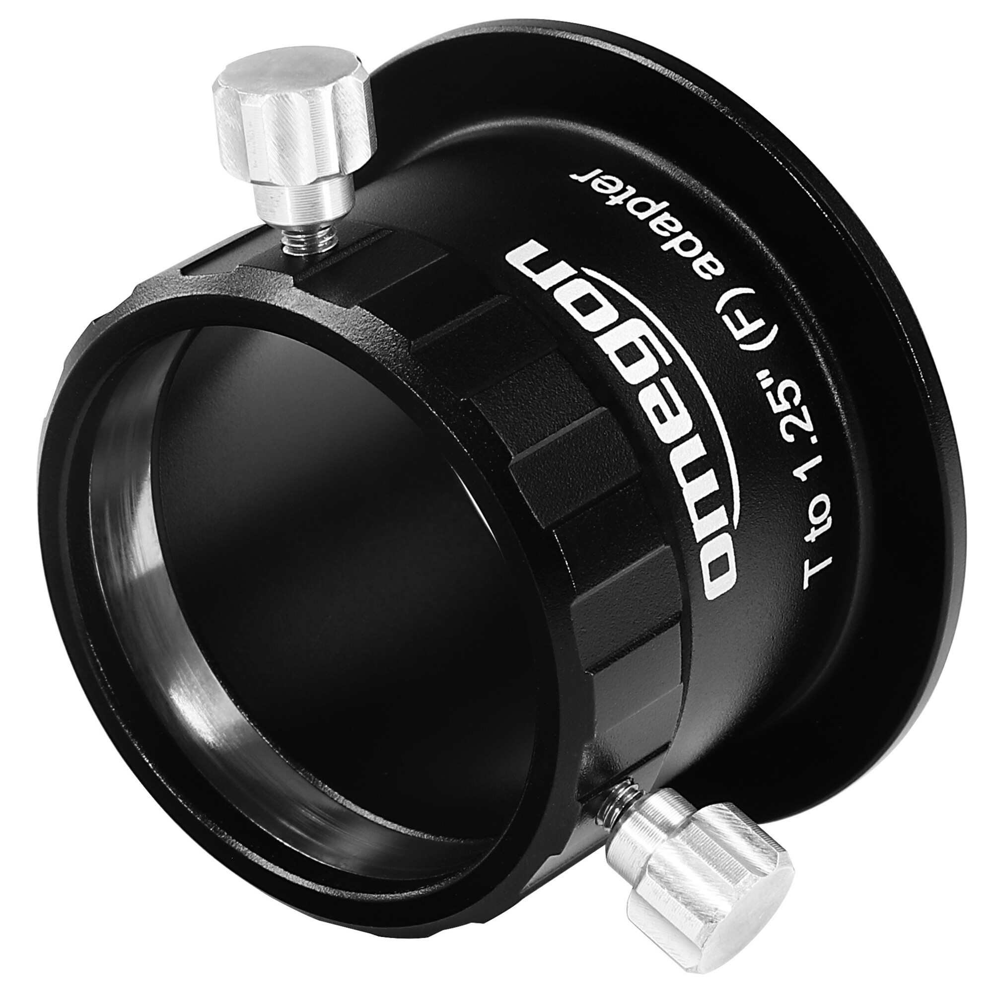 Ein schwarzer Omegon 1,25-Zoll-Adapter mit zwei silbernen Rändelschrauben auf weißem Hintergrund.