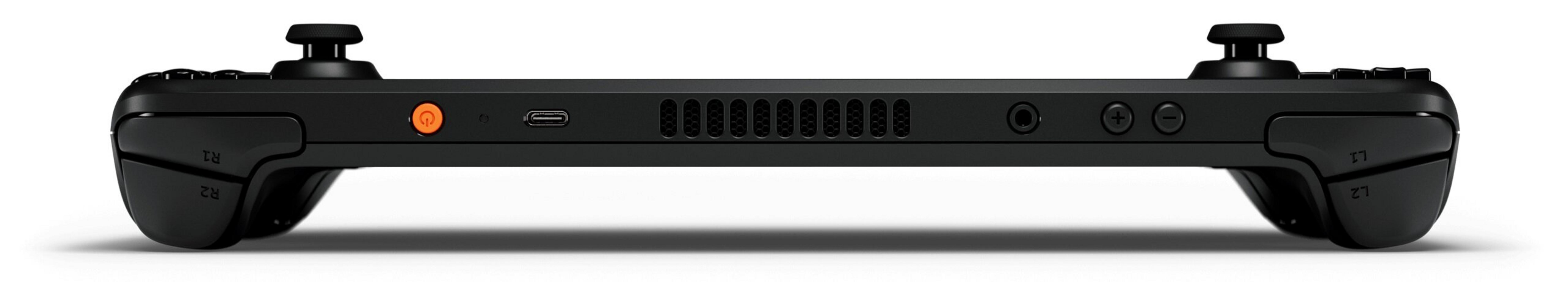 Schwarzes Handheld-Gaming-Gerät mit Joysticks, Tasten, USB-C und Lüftungsschlitzen.