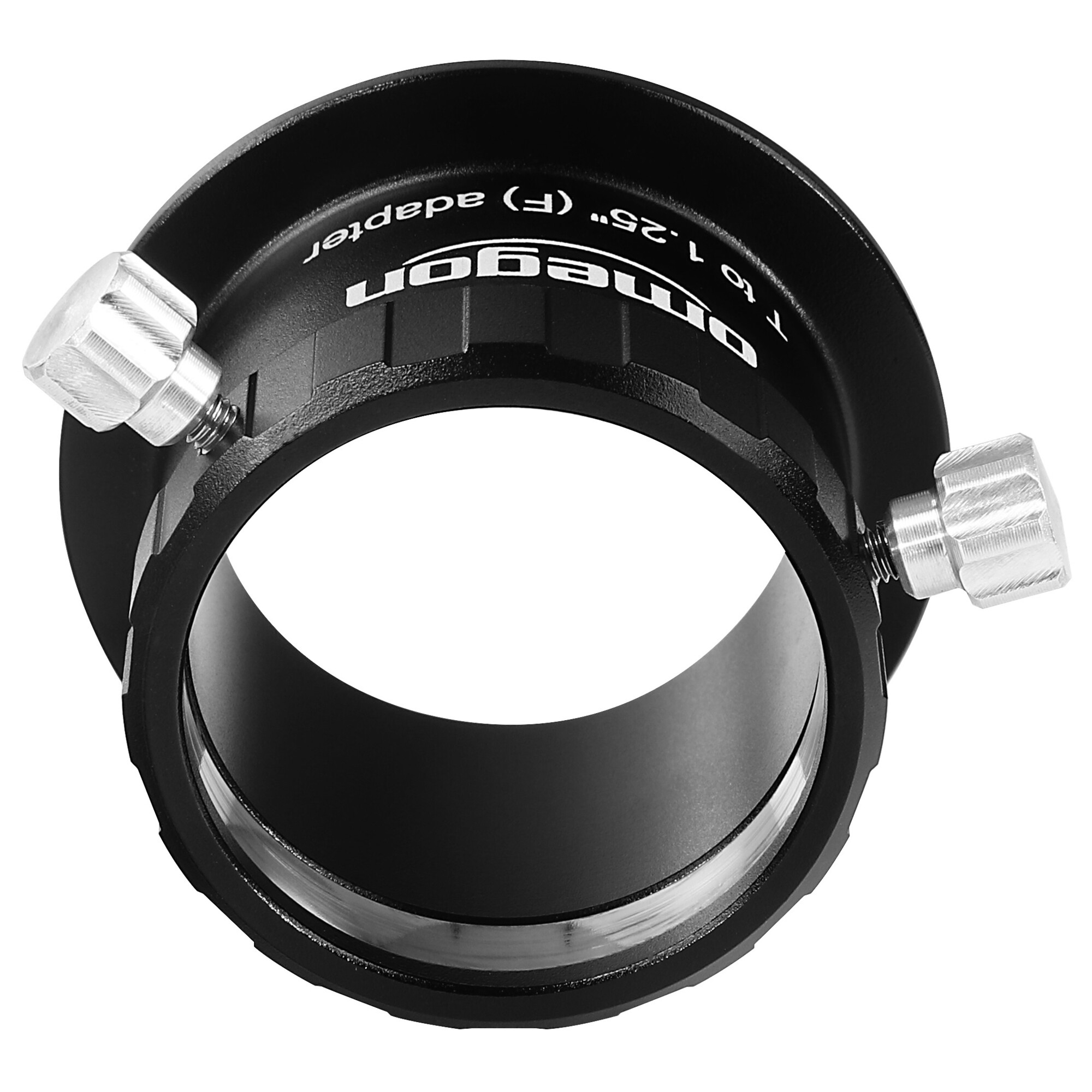 Ein schwarzer Okularadapter mit Omegon-Logo und zwei Rändelschrauben.