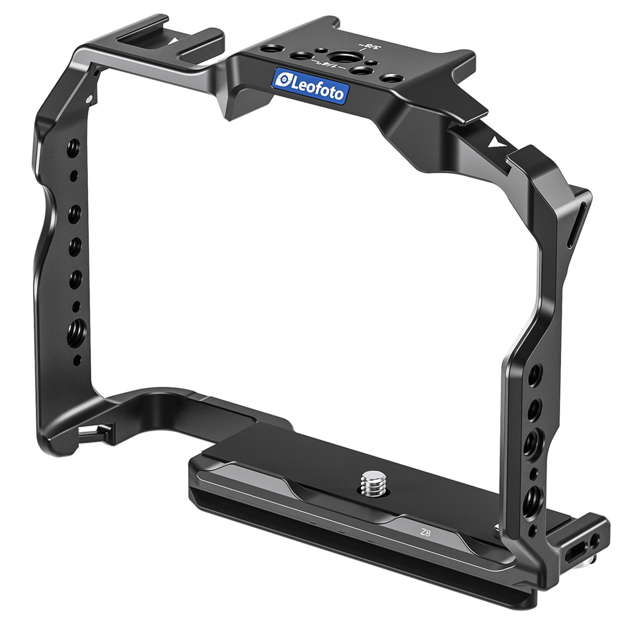 Una gabbia per fotocamera in metallo nero con logo Leofoto e marchio Z8. Presenta supporti a vite.