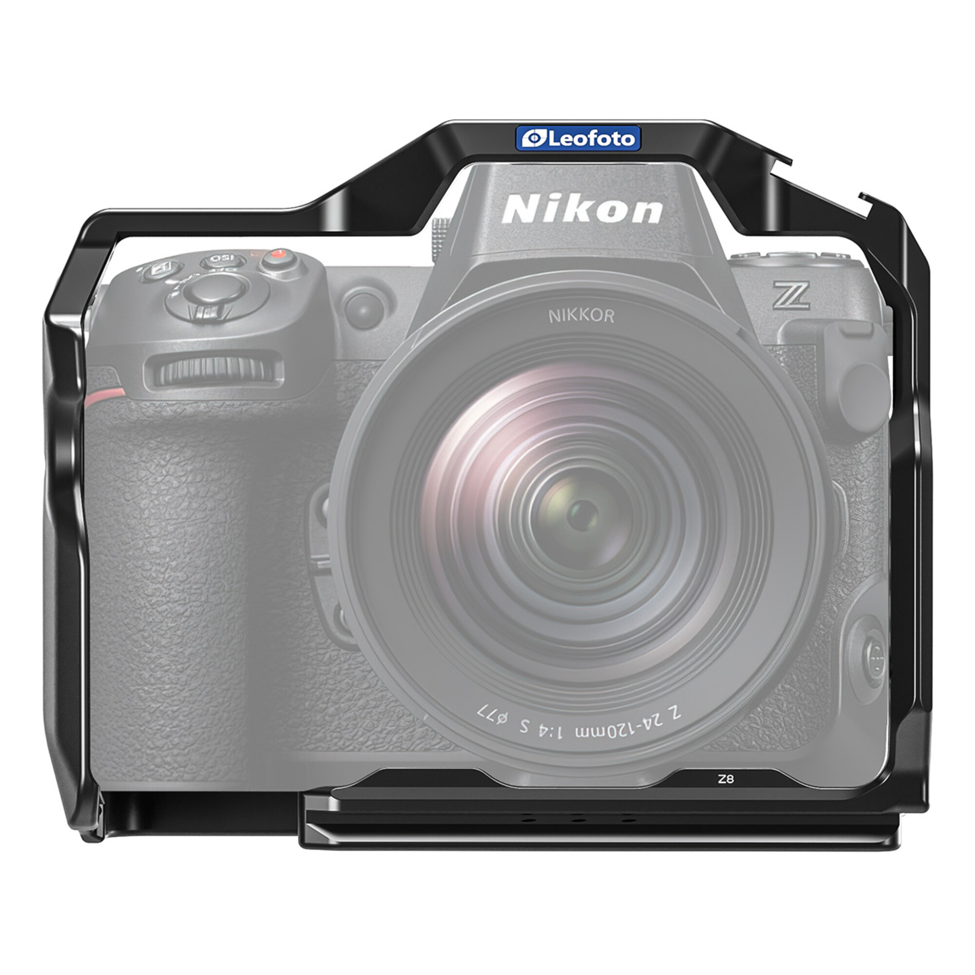 Fotocamera Nikon Z8 con cage Leofoto e obiettivo 24-120mm.