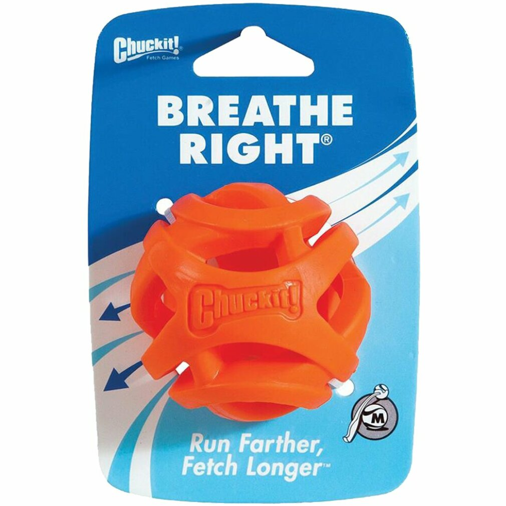Un gioco da riporto arancione Chuckit! Breathe Right in confezione con accenti blu.